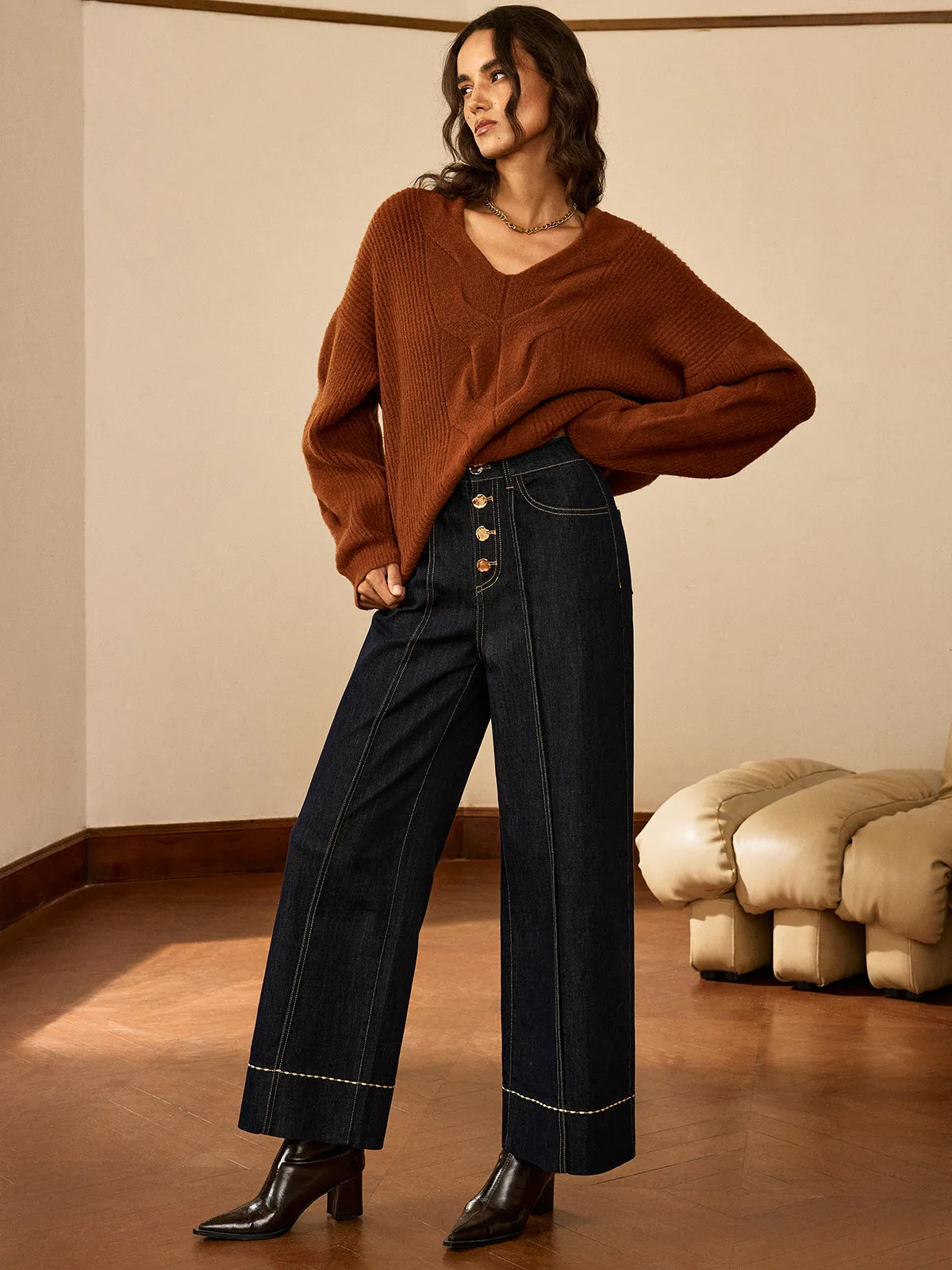 High-Waist Button Wide-Leg Denim Pants sold by COMMENSE product image thumbnail 5