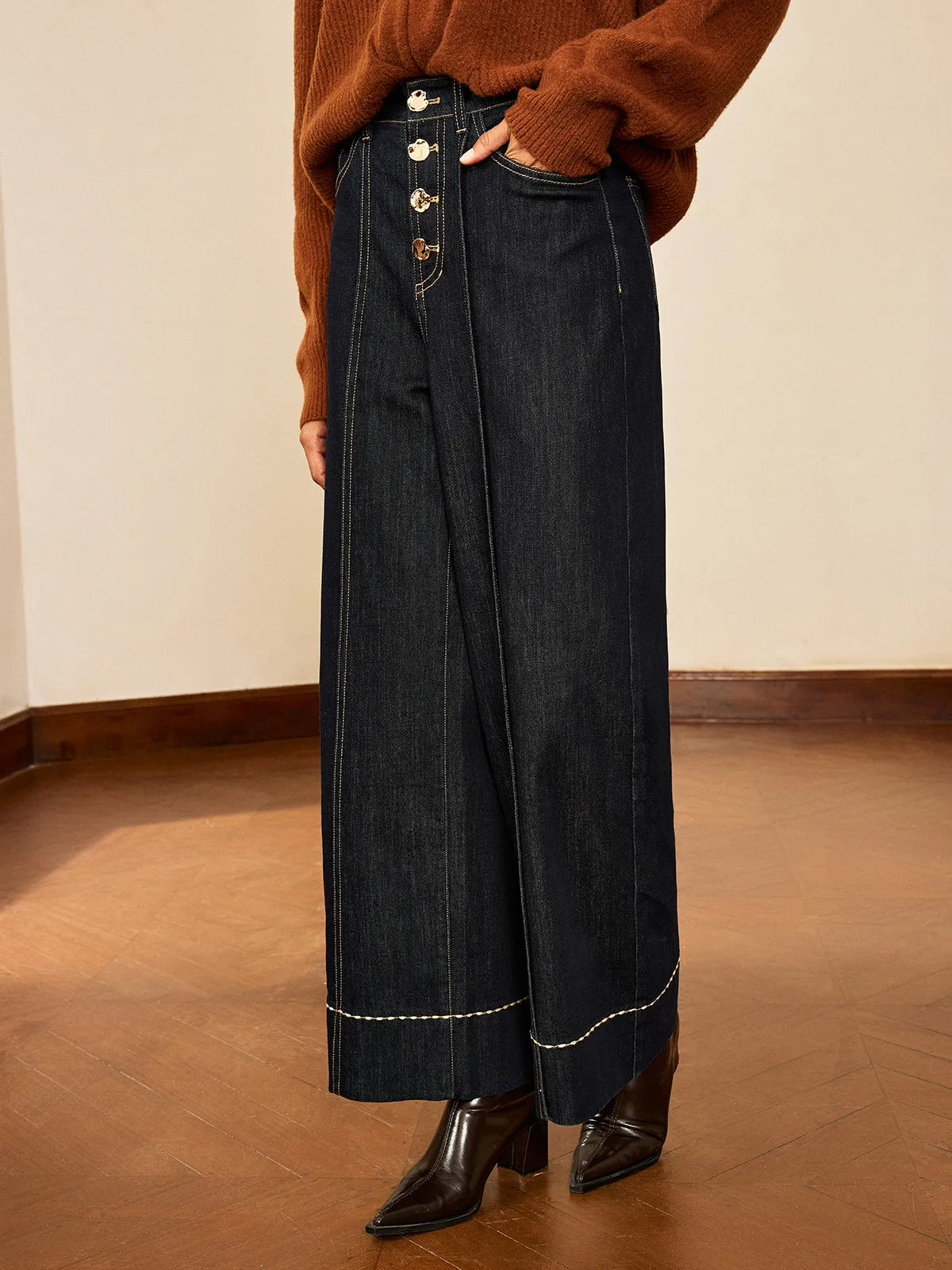 High-Waist Button Wide-Leg Denim Pants sold by COMMENSE product image thumbnail 2
