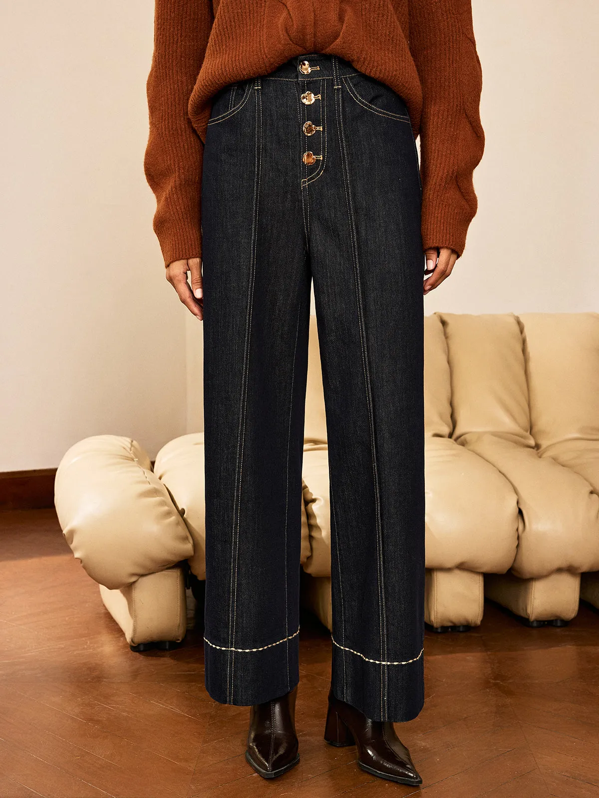 High-Waist Button Wide-Leg Denim Pants sold by COMMENSE