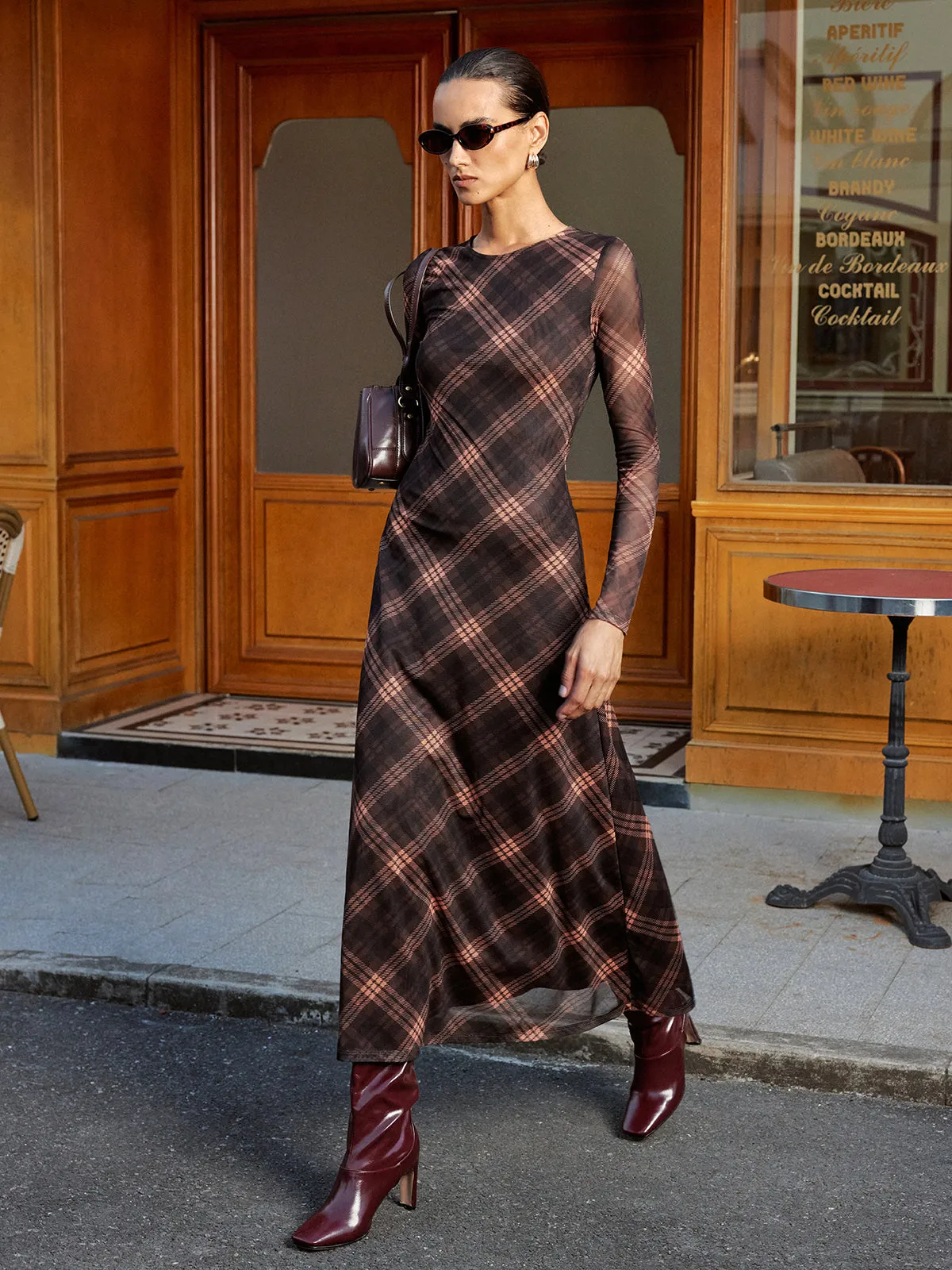Plaid Mesh Long Sleeve Maxi Dress sold by COMMENSE product image thumbnail 3