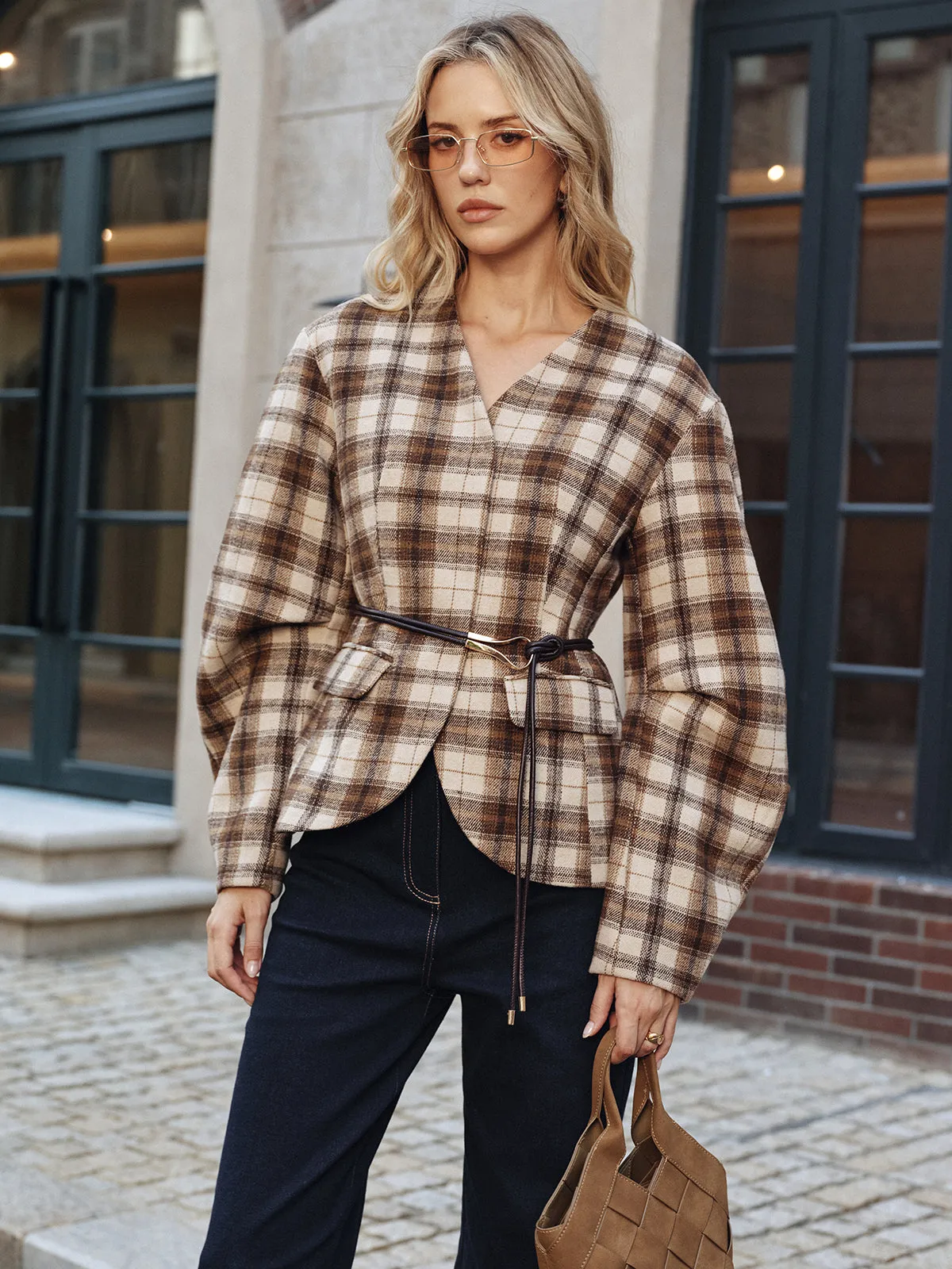 Belted Plaid Tweed Coat sold by COMMENSE product image thumbnail 4