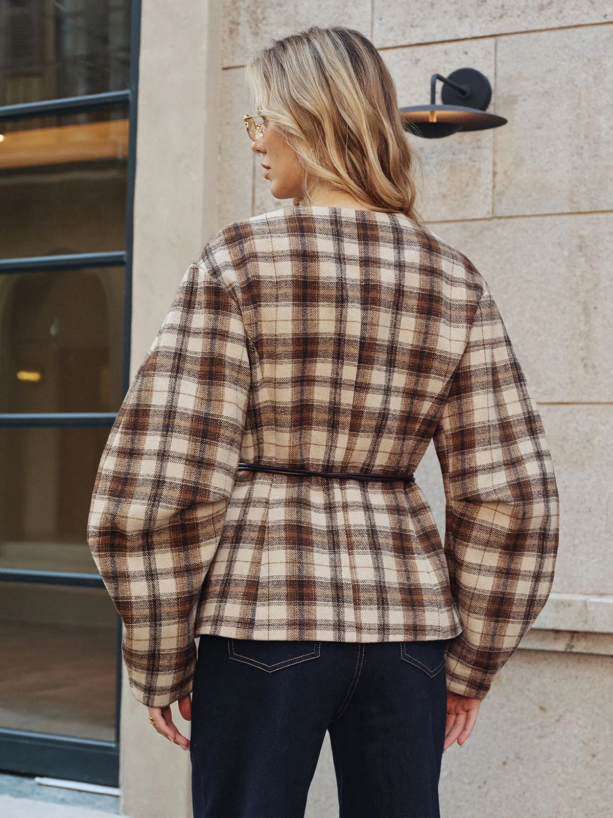 Belted Plaid Tweed Coat sold by COMMENSE product image thumbnail 5