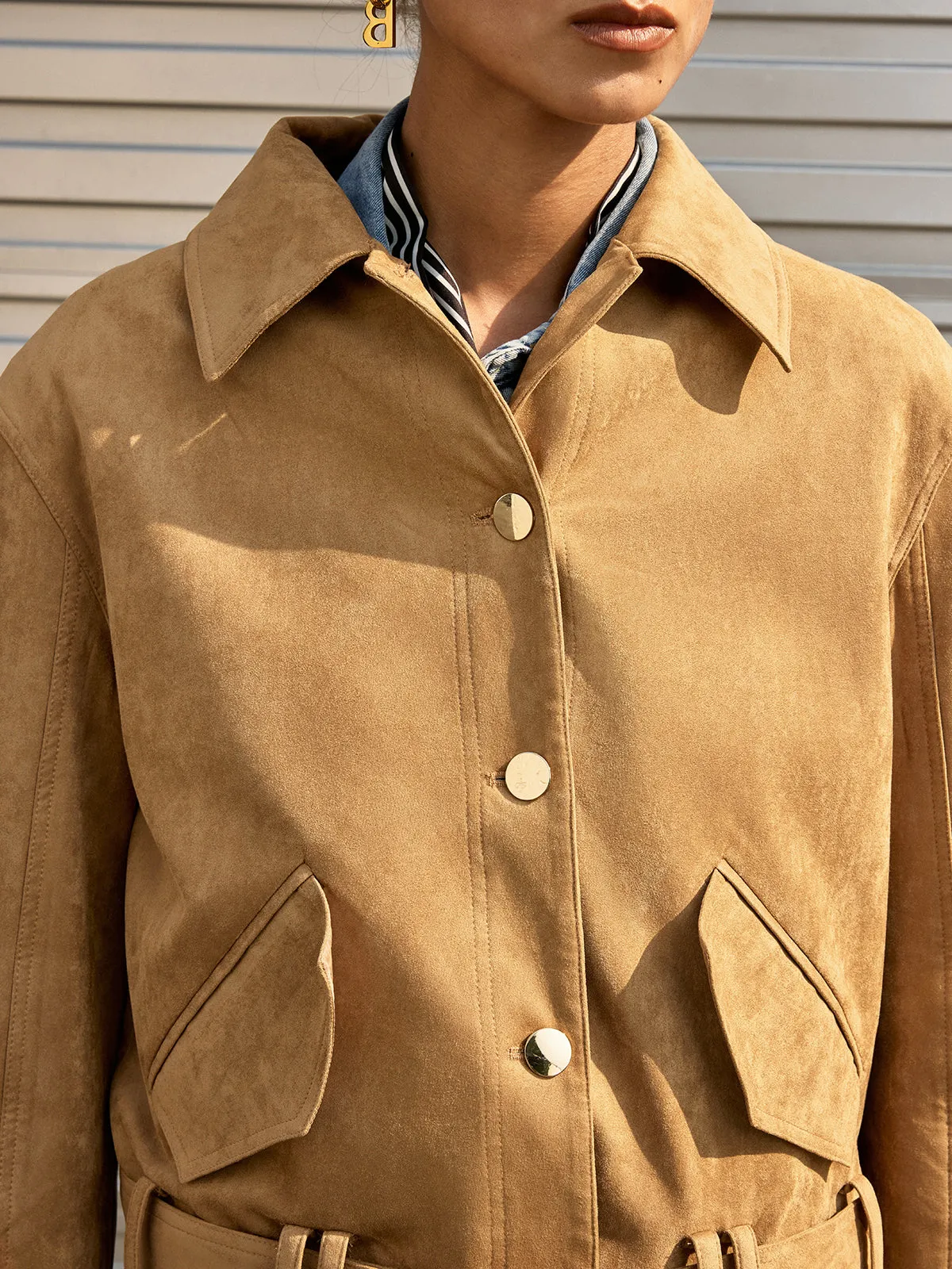 Belted Collared Suede Effect Jacket sold by COMMENSE product image thumbnail 5