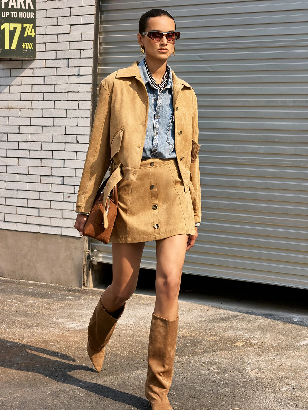 Belted Collared Suede Effect Jacket sold by COMMENSE product image thumbnail 2