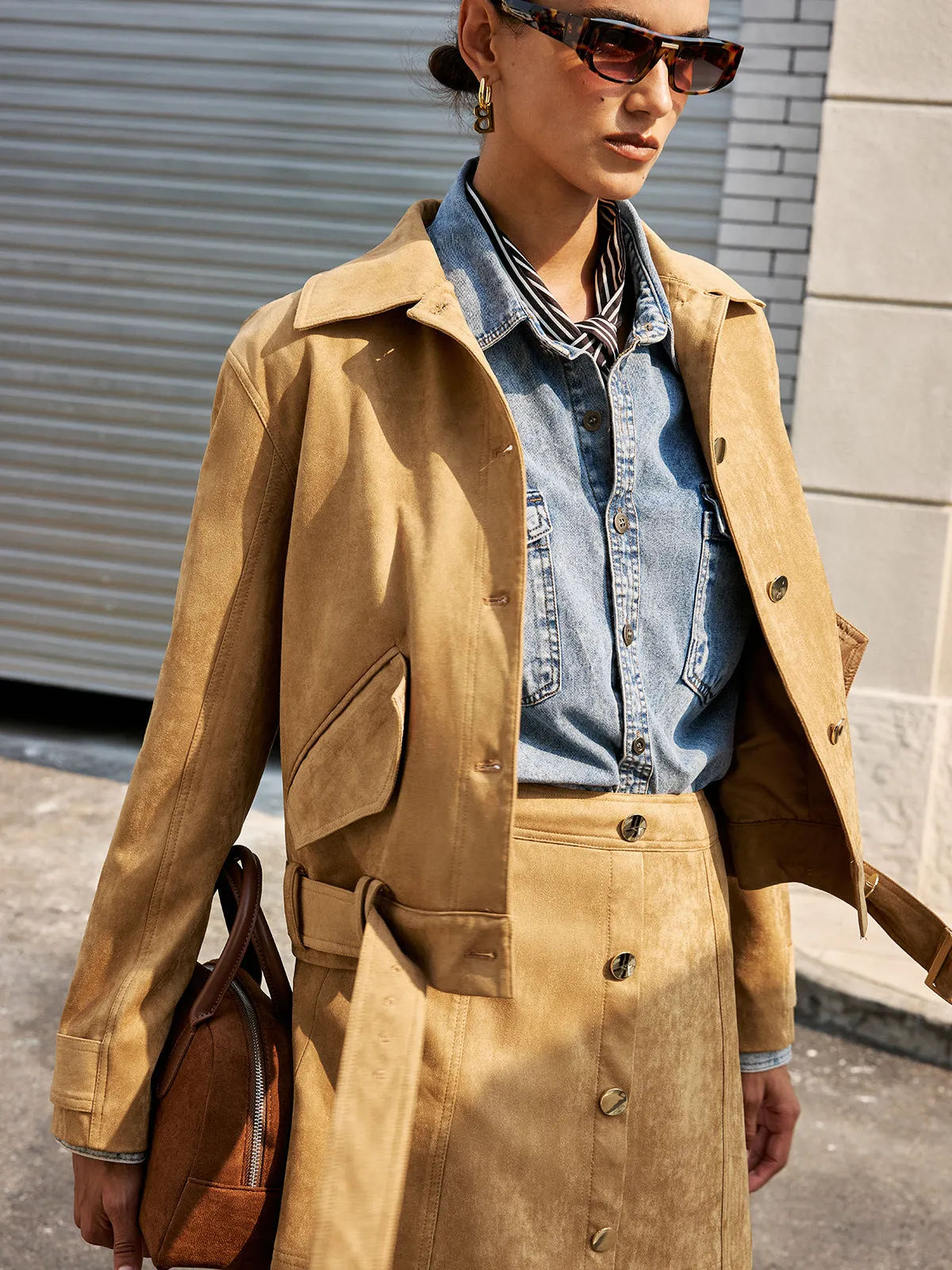 Belted Collared Suede Effect Jacket sold by COMMENSE product image thumbnail 3