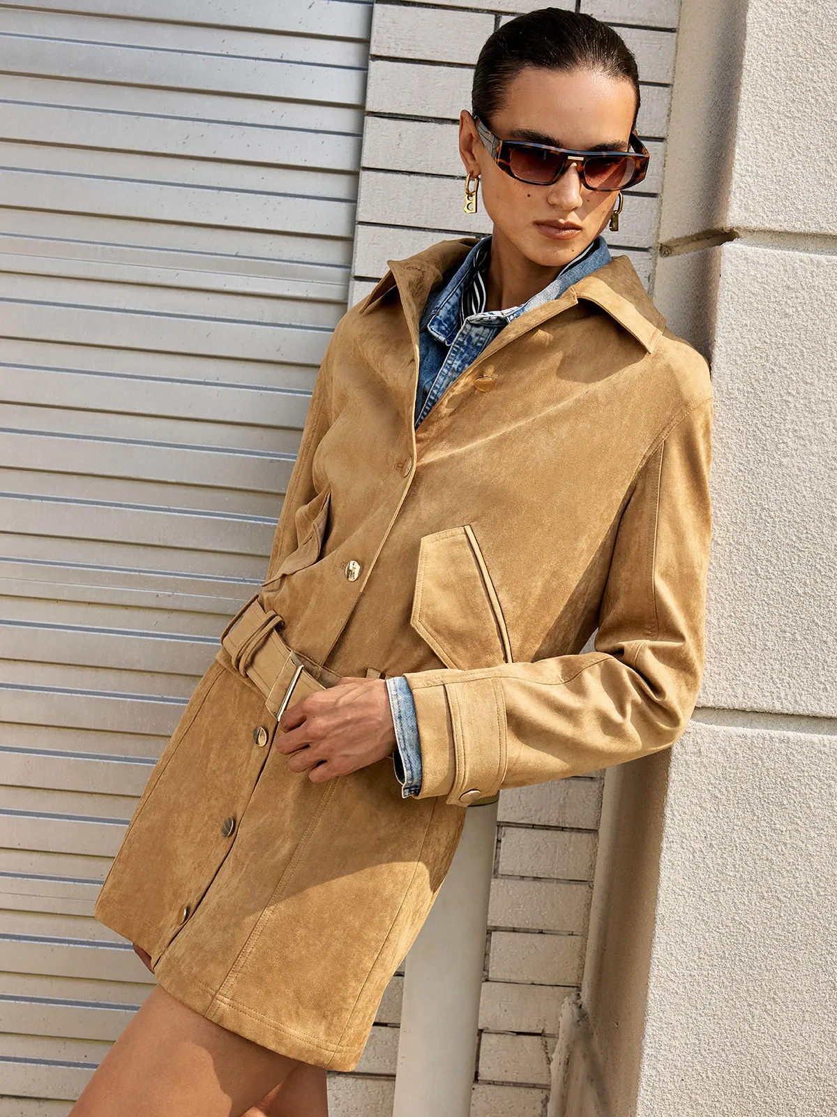 Belted Collared Suede Effect Jacket sold by COMMENSE product image thumbnail 4