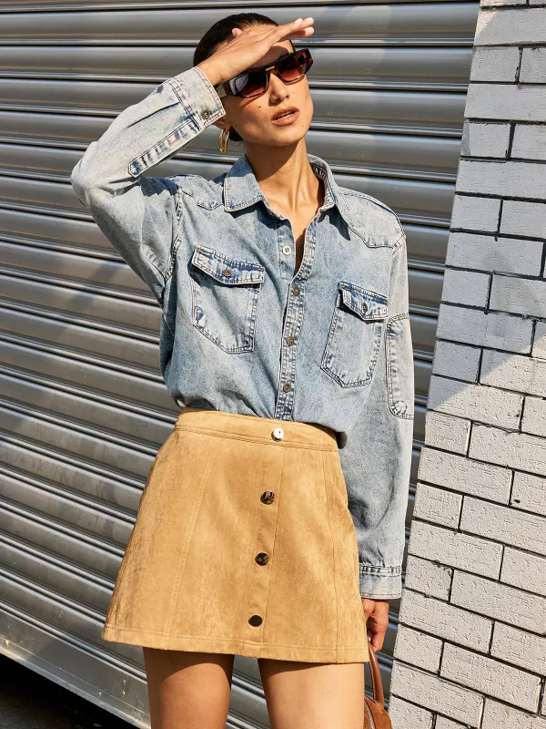 Decor Button Suede Effect Mini Skirt sold by COMMENSE