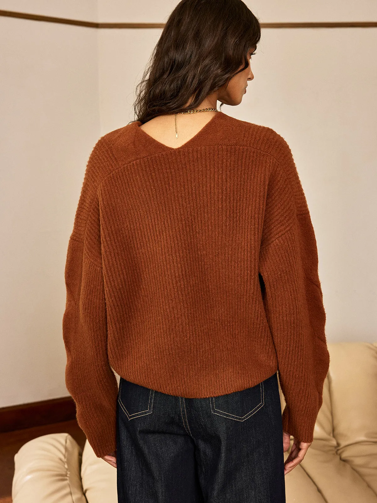 Wool Blend Textured Knit V-Neck Sweater sold by COMMENSE product image thumbnail 4