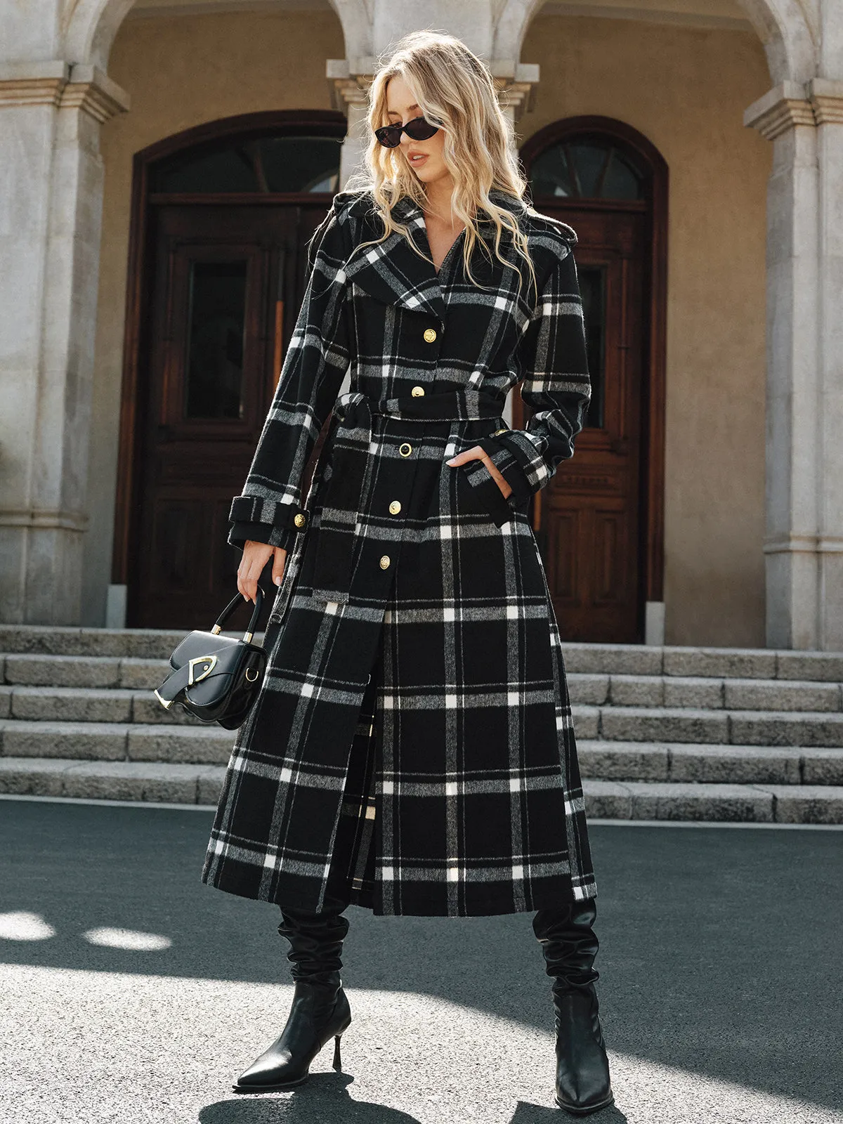 Plaid Belted Wool Blend Trench Coat sold by COMMENSE