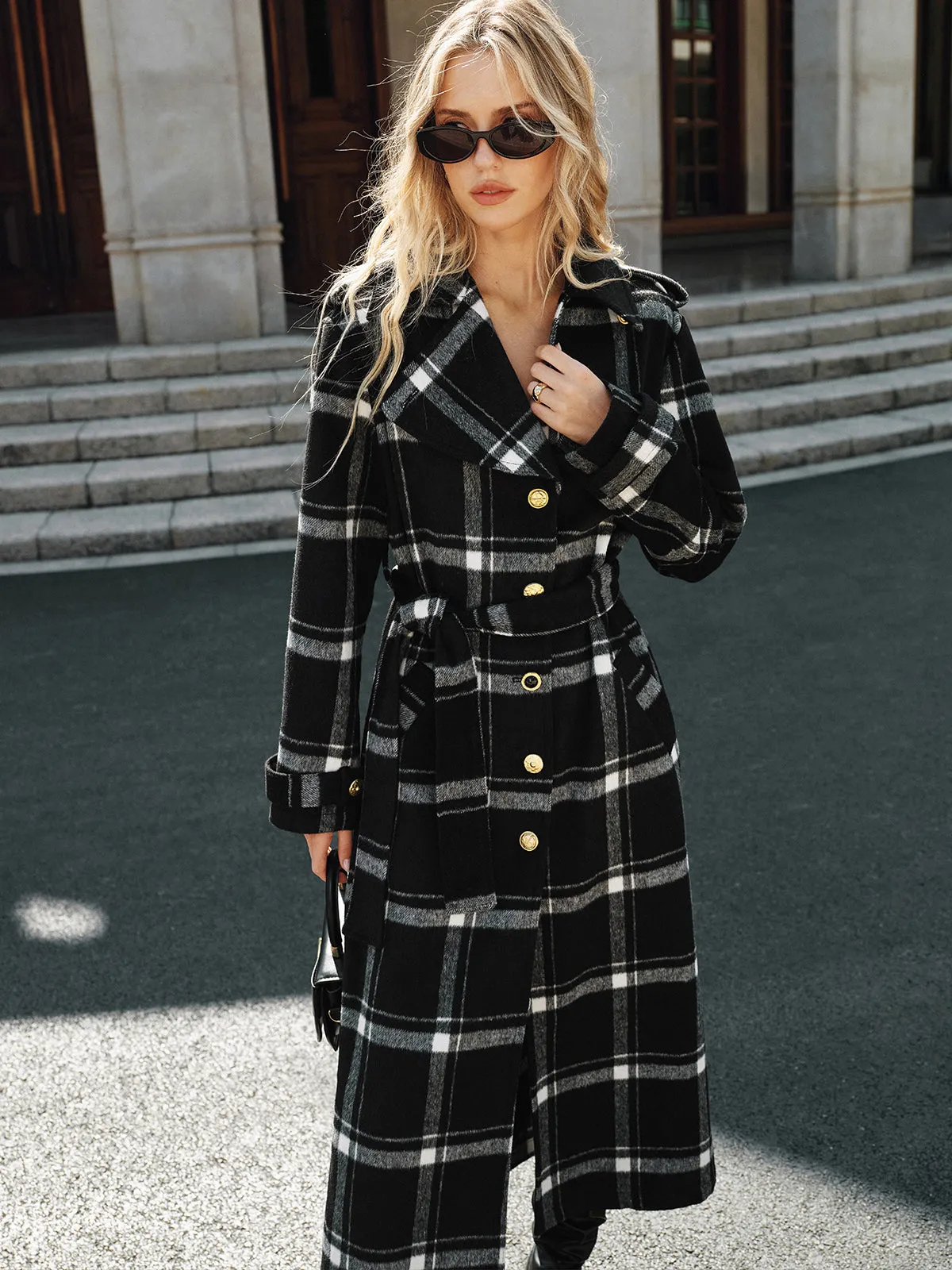 Plaid Belted Wool Blend Trench Coat sold by COMMENSE product image thumbnail 2
