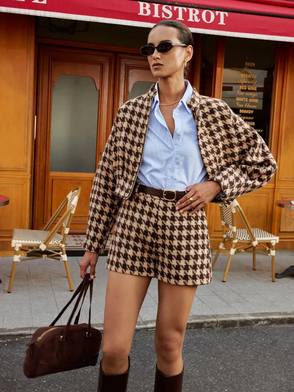 Houndstooth Belted High-Waist Shorts sold by COMMENSE