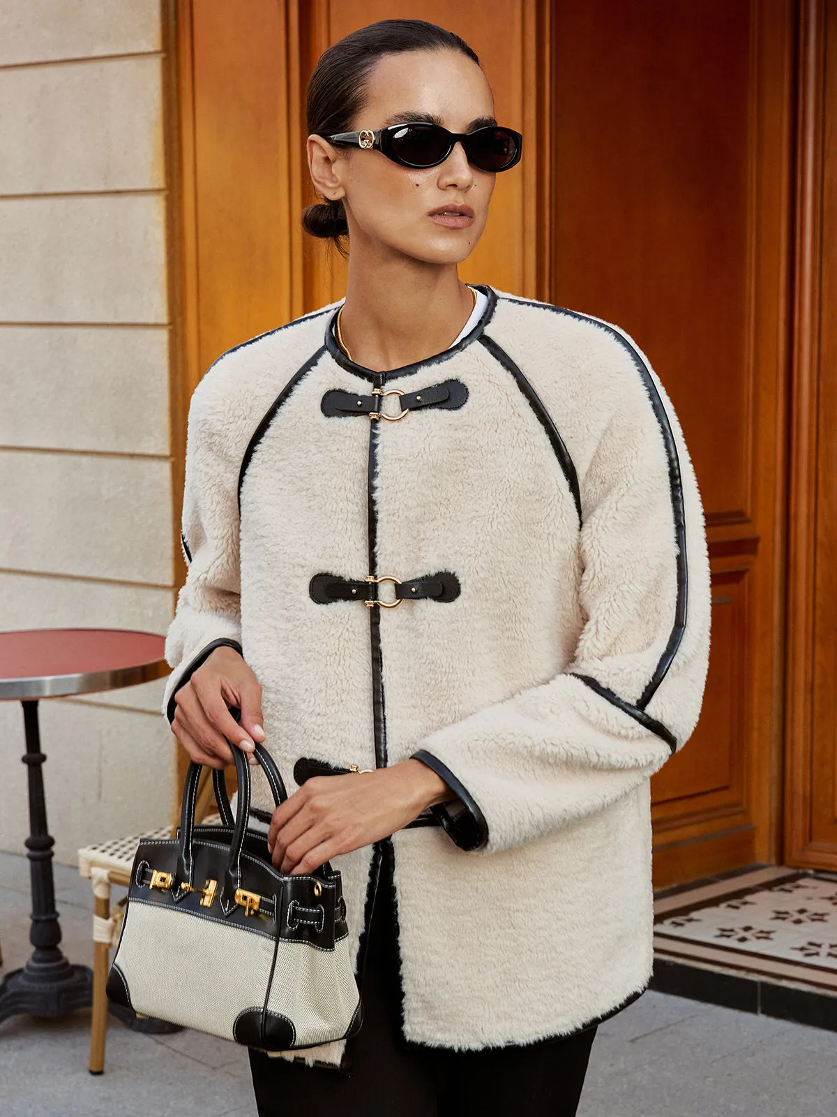 Buckle Detail Contrast Trim Faux Fur Coat sold by COMMENSE product image thumbnail 4