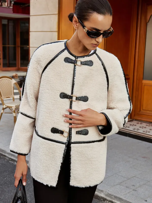 Buckle Detail Contrast Trim Faux Fur Coat sold by COMMENSE