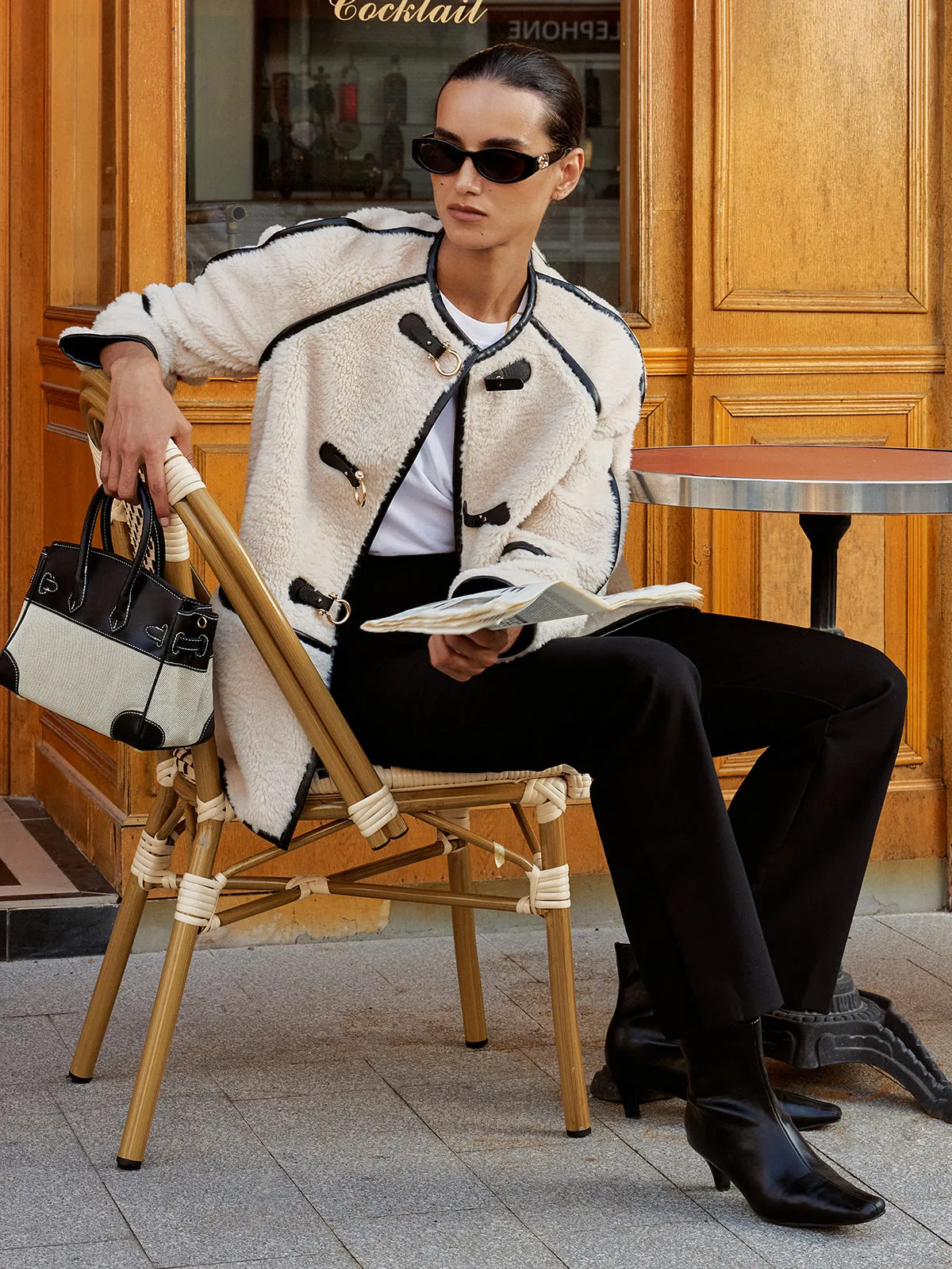 Buckle Detail Contrast Trim Faux Fur Coat sold by COMMENSE product image thumbnail 2