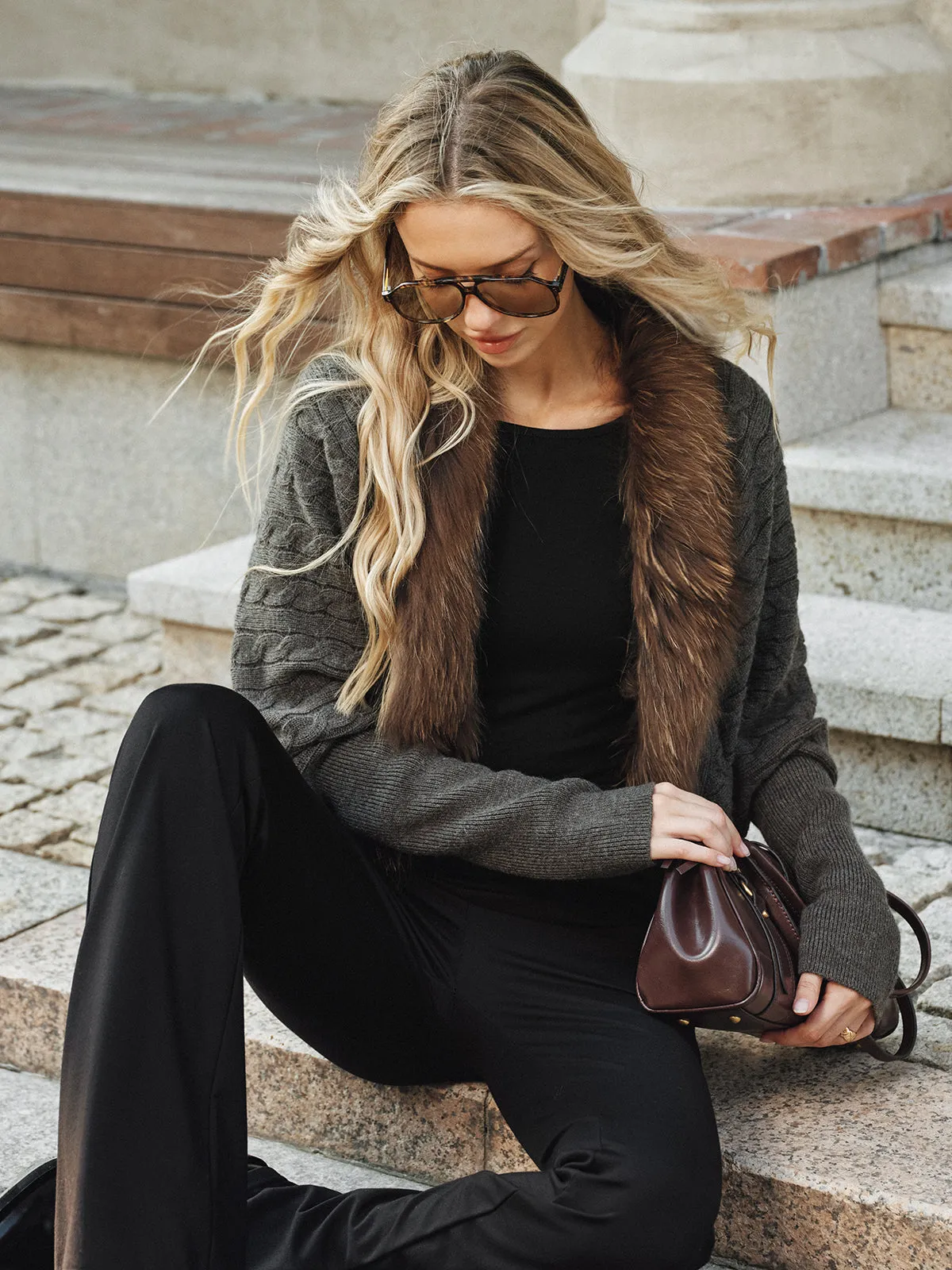 Faux Fur Collar Wool Blend Knit Outerwear sold by COMMENSE