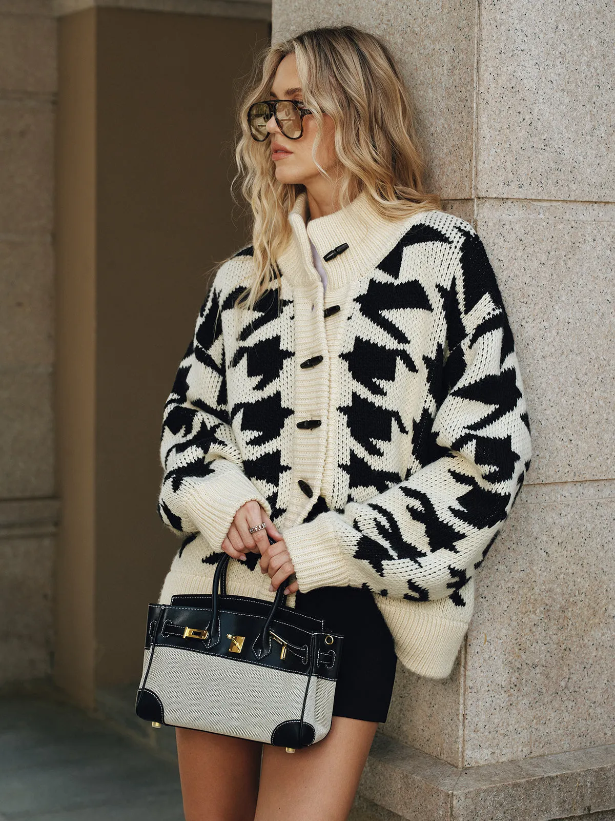 Houndstooth Horn Button Knit Cardigan sold by COMMENSE product image thumbnail 5