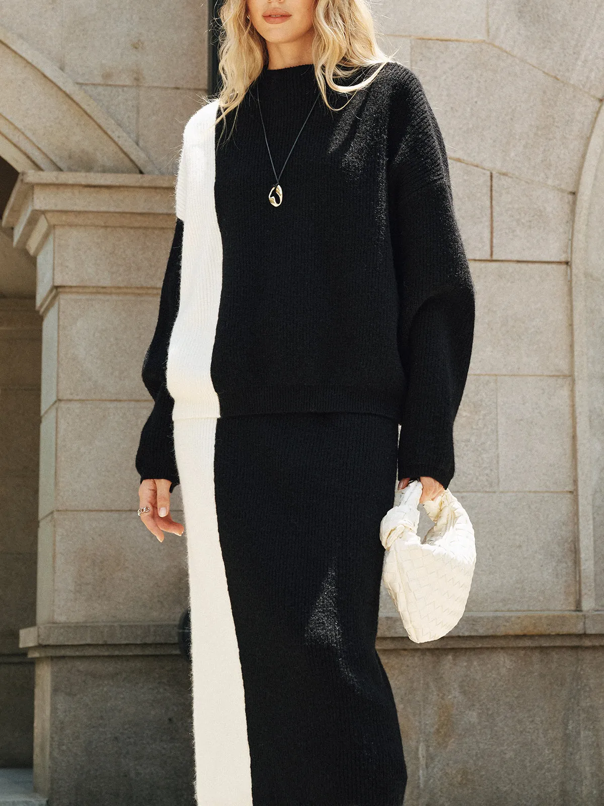 Color-Block Knit Sweater and Midi Skirt Set sold by COMMENSE product image thumbnail 4