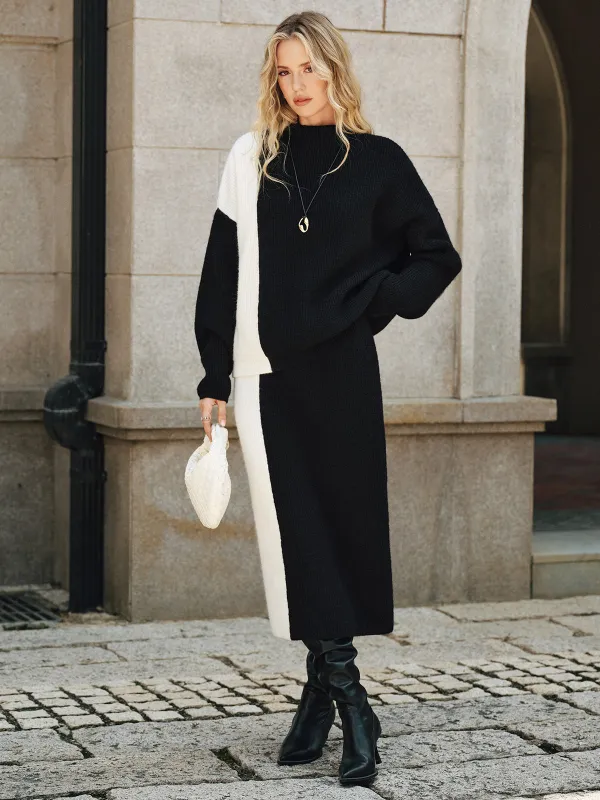 Color-Block Knit Sweater and Midi Skirt Set sold by COMMENSE