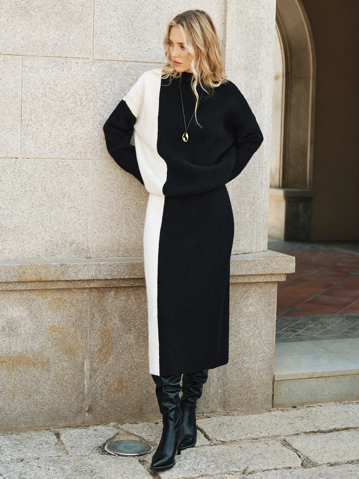 Color-Block Knit Sweater and Midi Skirt Set sold by COMMENSE product image thumbnail 2