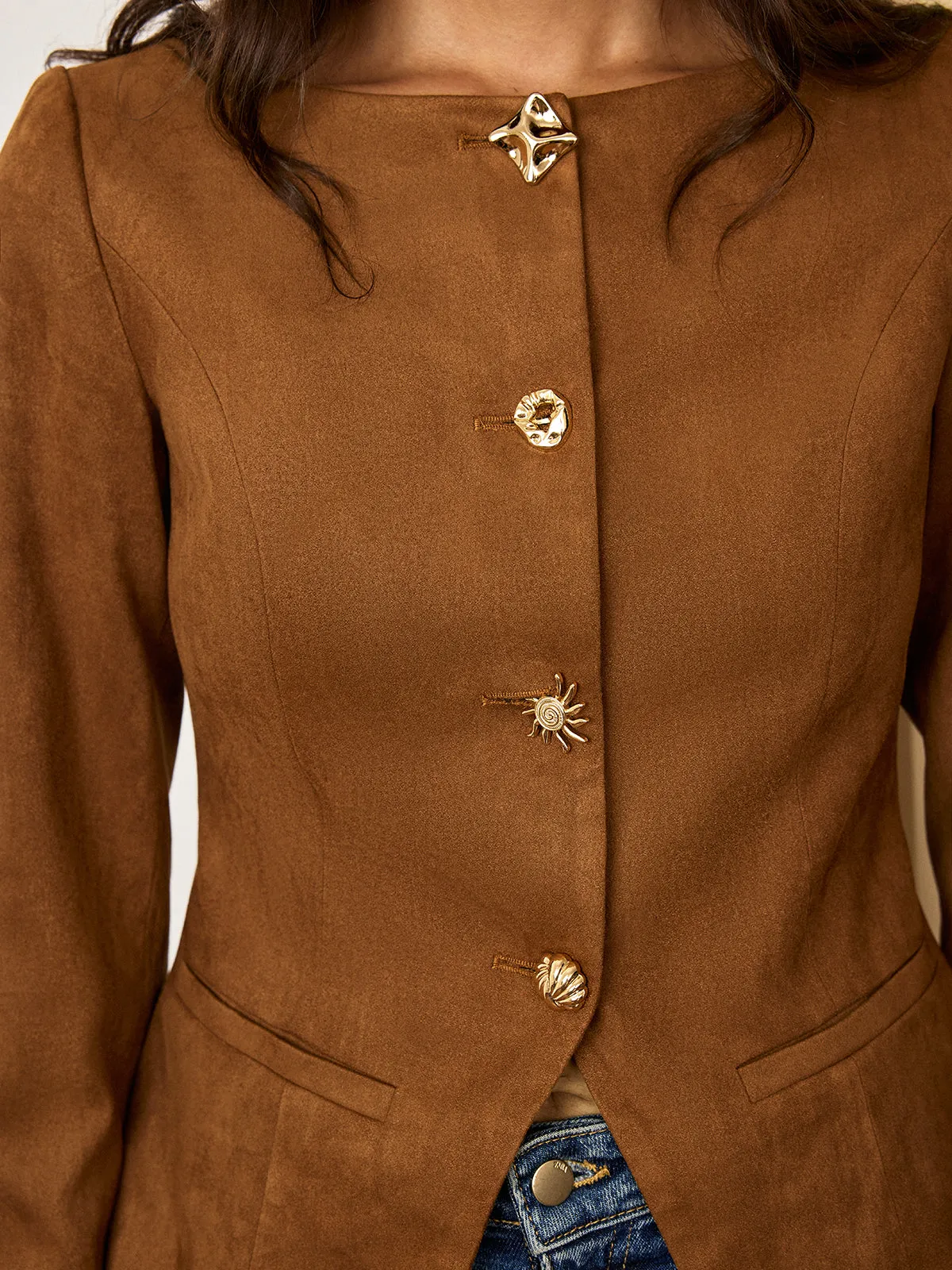 Suede Effect Fitted Metal Button Jacket sold by COMMENSE product image thumbnail 5