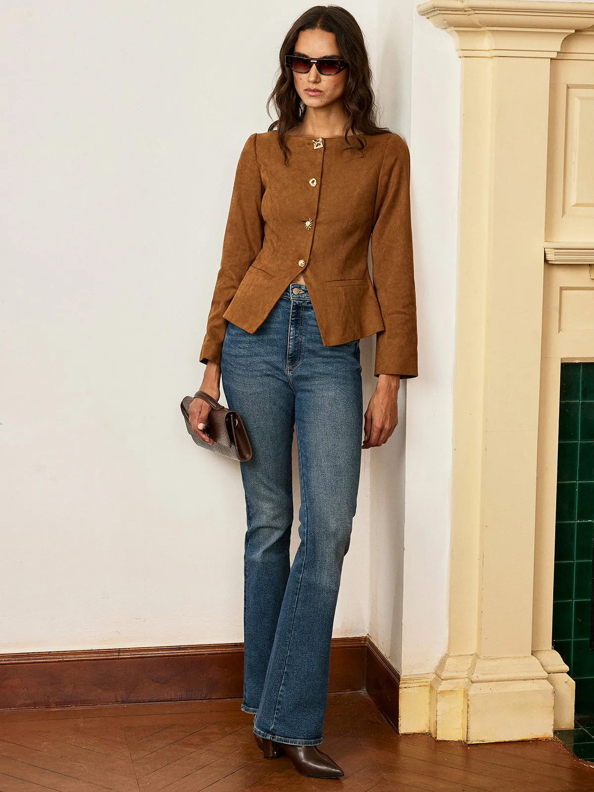 Suede Effect Fitted Metal Button Jacket sold by COMMENSE product image thumbnail 2