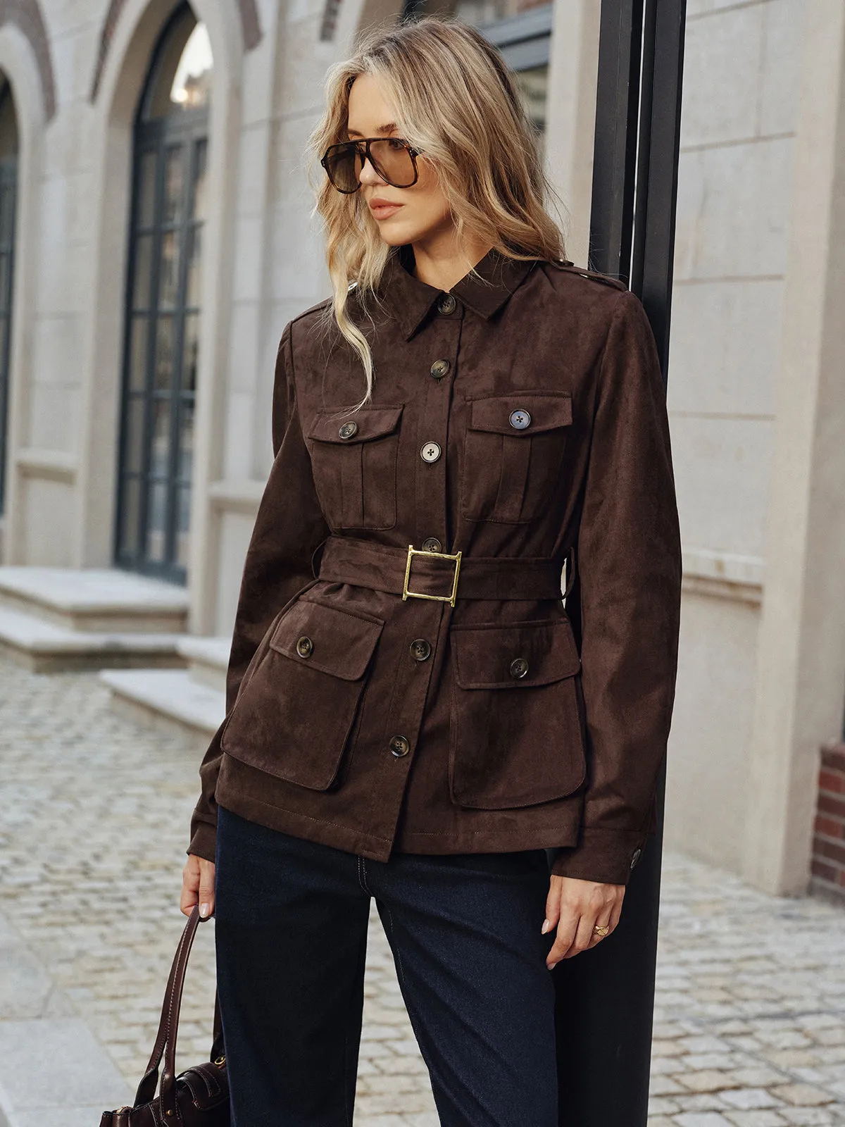 Multiple Pocket Belted Suede Effect Trench Coat sold by COMMENSE product image thumbnail 4