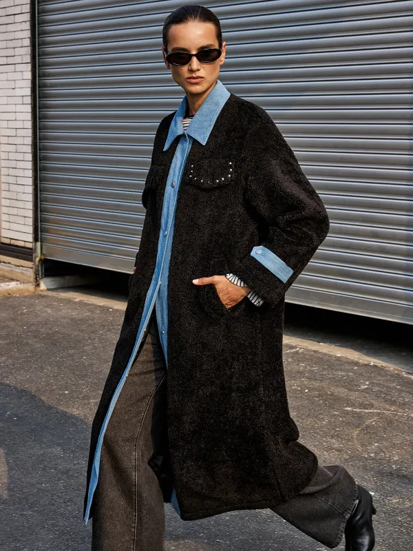 Denim Panel Long Faux Fur Coat made by COMMENSE