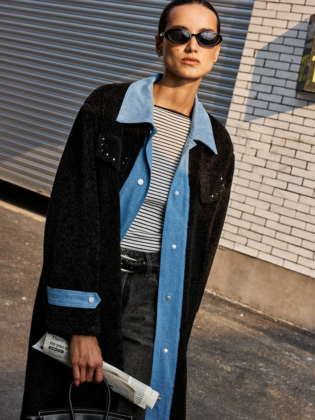 Denim Panel Long Faux Fur Coat sold by COMMENSE product image thumbnail 2