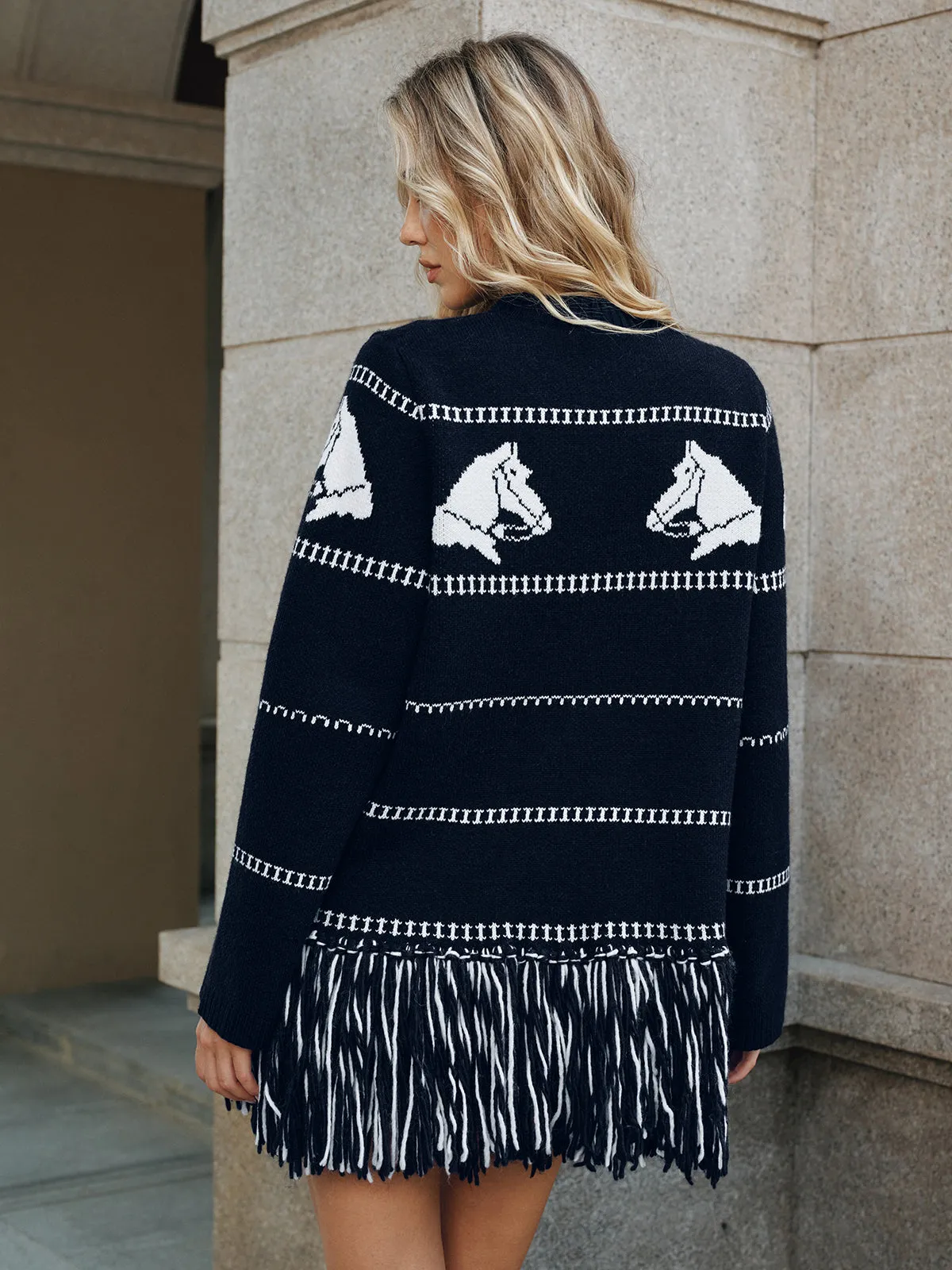 Horse-Pattern Wool Blend Fringe Cardigan sold by COMMENSE product image thumbnail 5