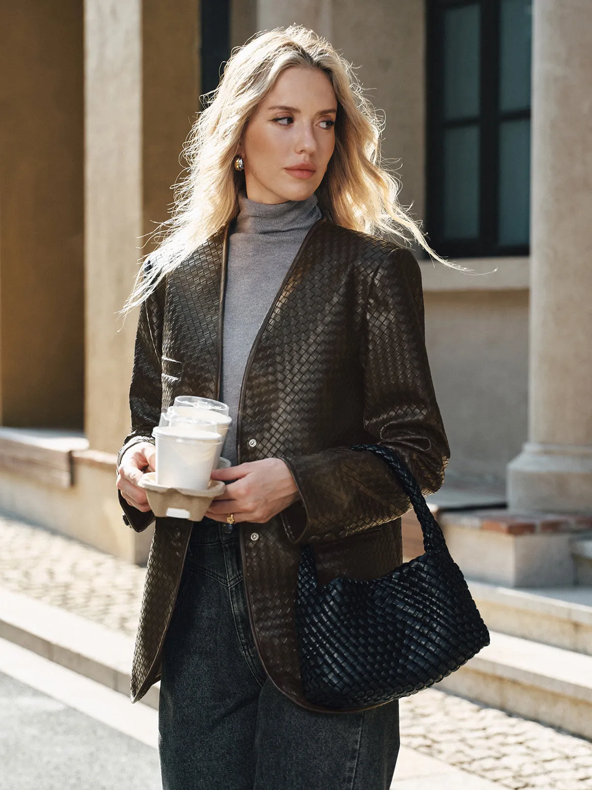 Woven-Texture Faux Leather Blazer sold by COMMENSE