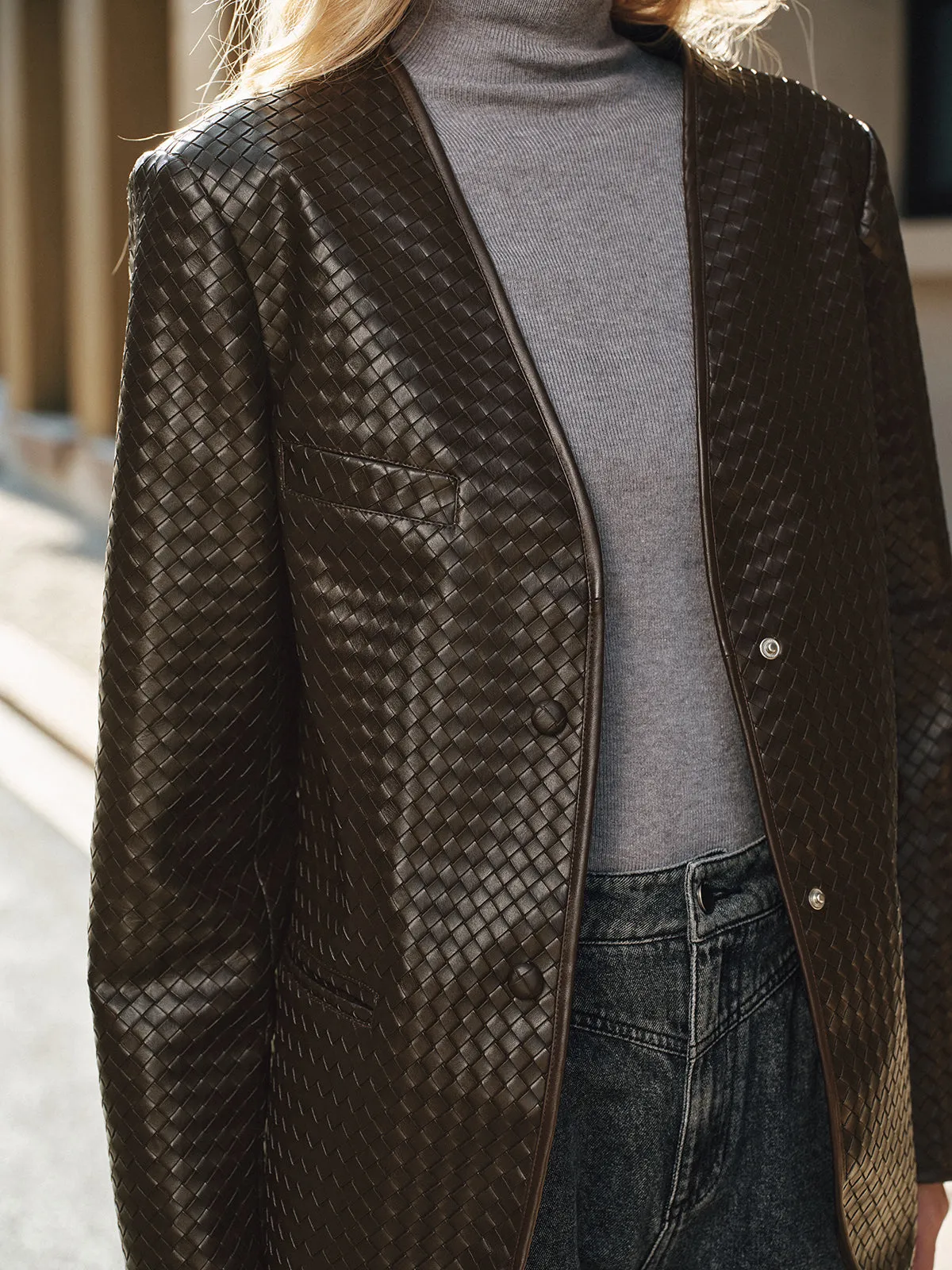Woven-Texture Faux Leather Blazer sold by COMMENSE product image thumbnail 2