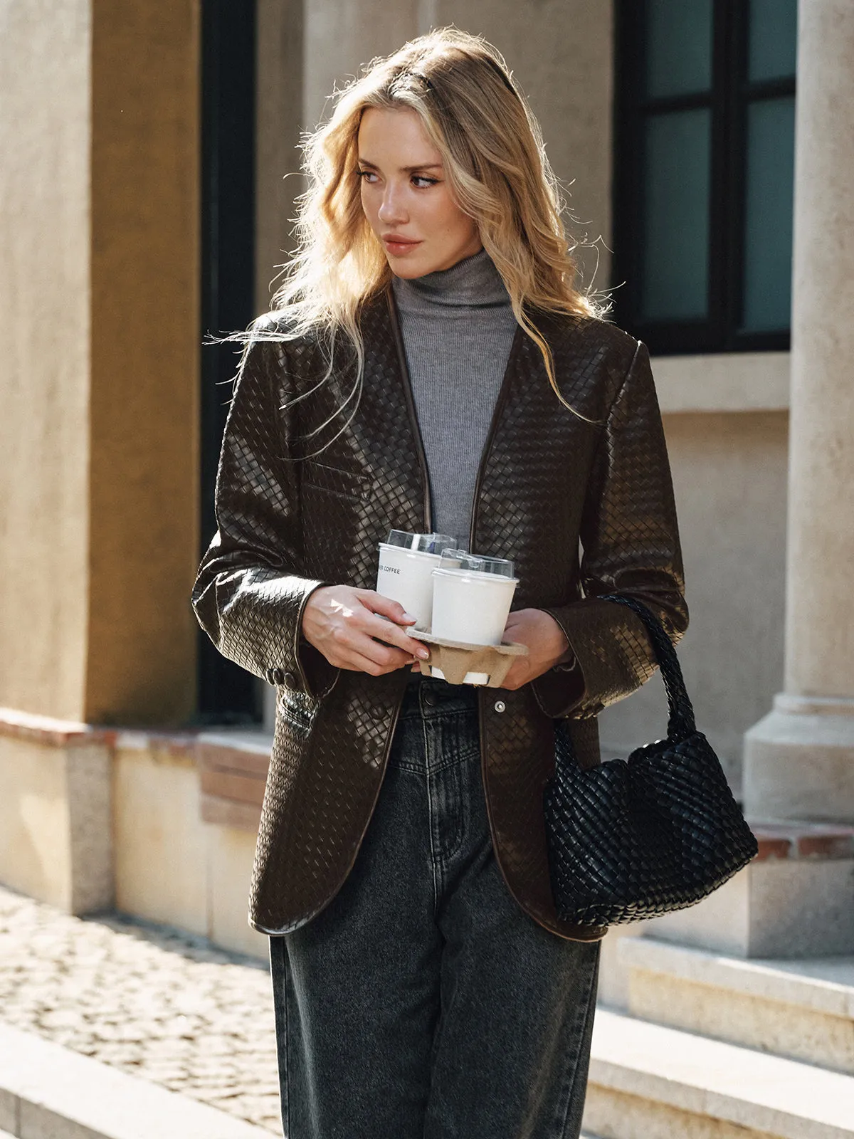 Woven-Texture Faux Leather Blazer sold by COMMENSE product image thumbnail 4