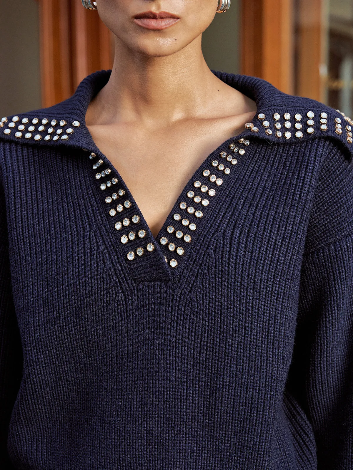 Studded Collar Wool Blend V-Neck Sweater sold by COMMENSE product image thumbnail 3