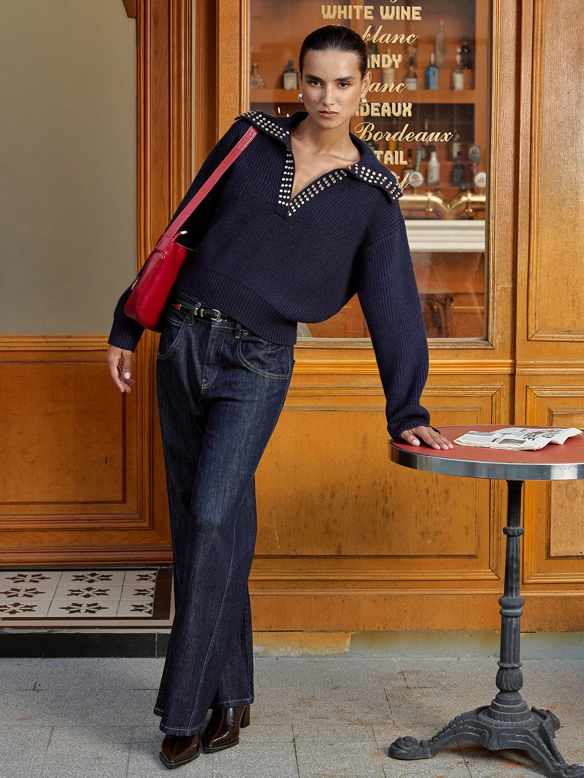 Studded Collar Wool Blend V-Neck Sweater sold by COMMENSE