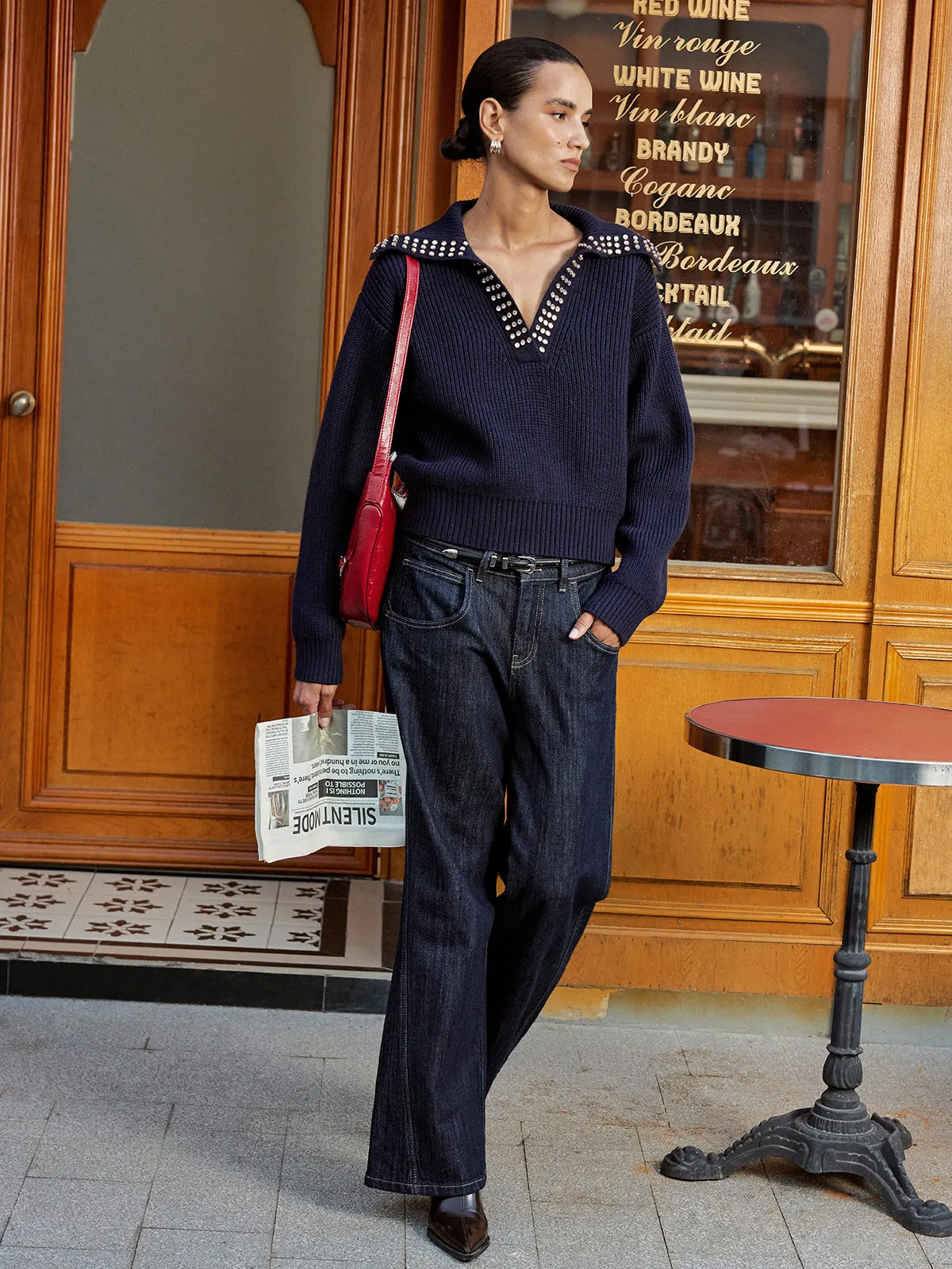 Studded Collar Wool Blend V-Neck Sweater sold by COMMENSE product image thumbnail 5