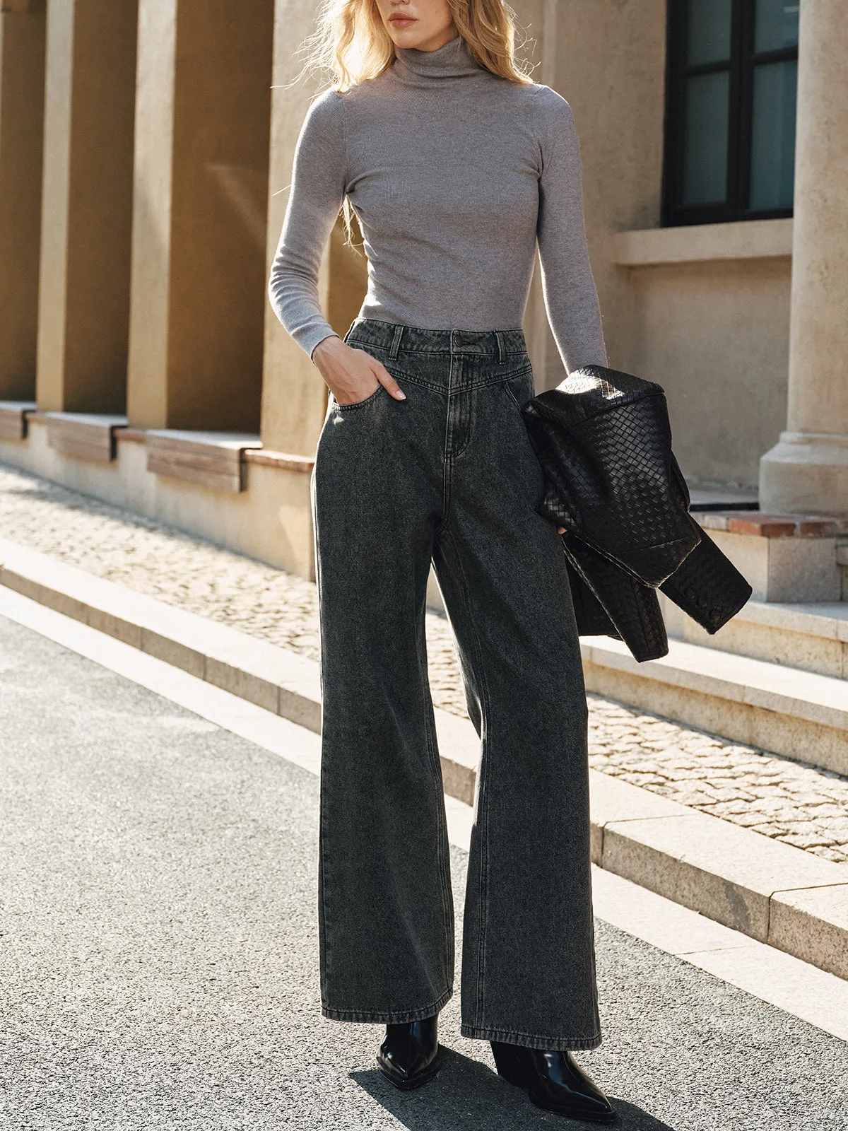 High-Waisted Washed Denim Pants sold by COMMENSE product image thumbnail 2