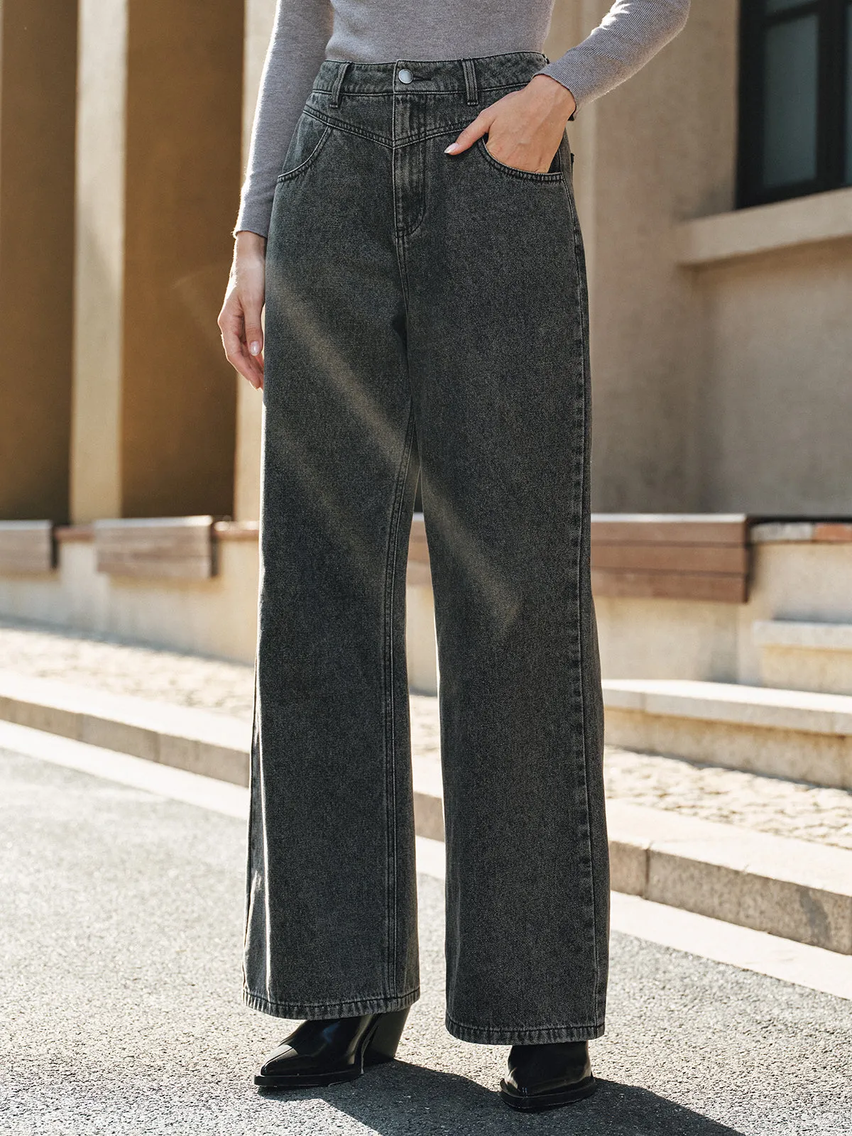 High-Waisted Washed Denim Pants sold by COMMENSE product image thumbnail 3