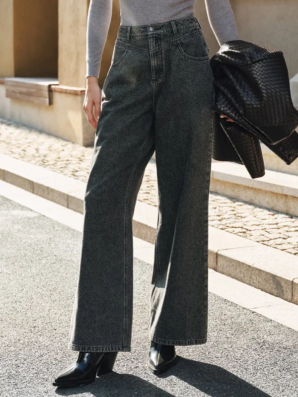 High-Waisted Washed Denim Pants sold by COMMENSE