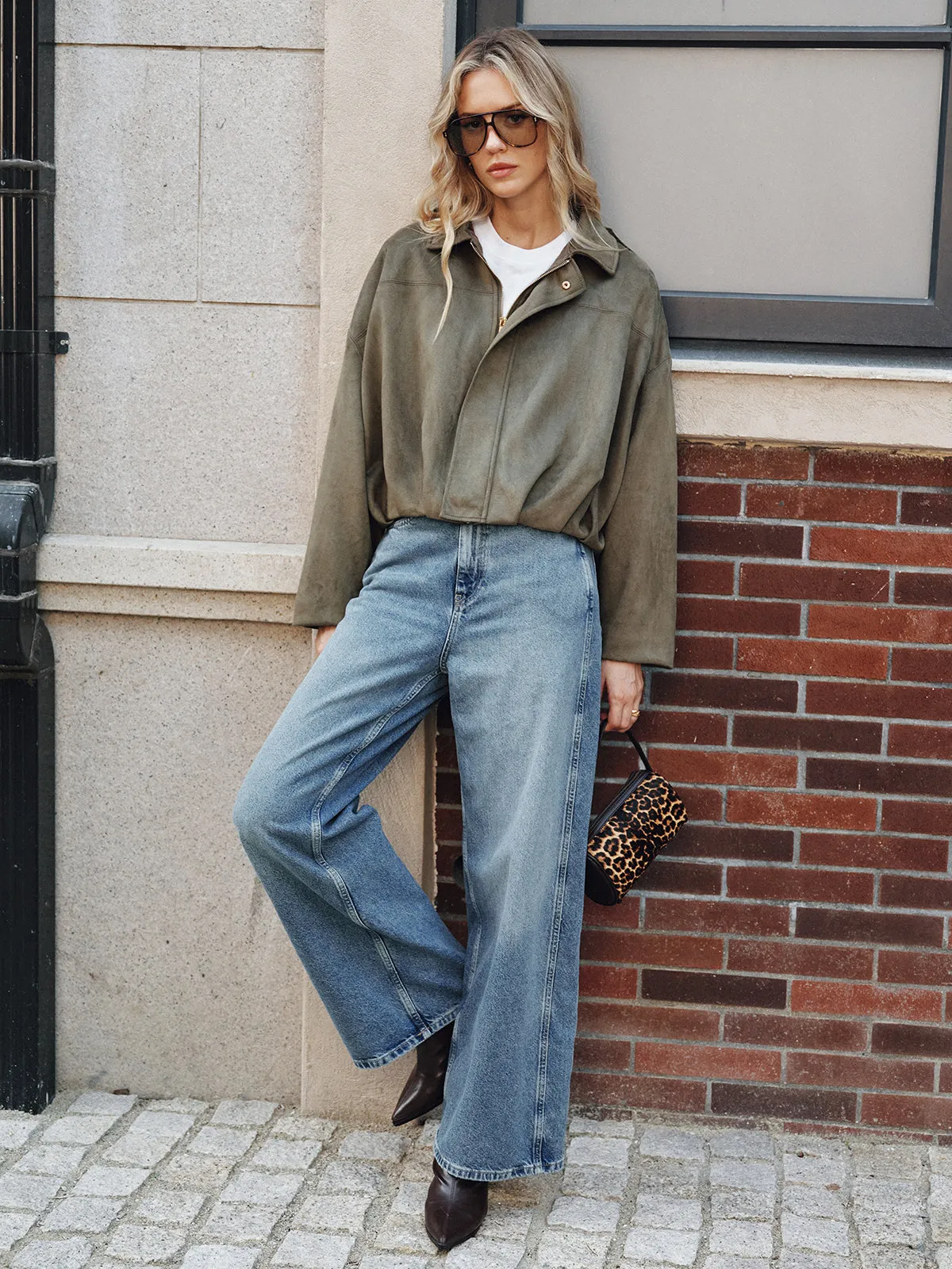 Suede Effect Zip-Up Collared Jacket sold by COMMENSE