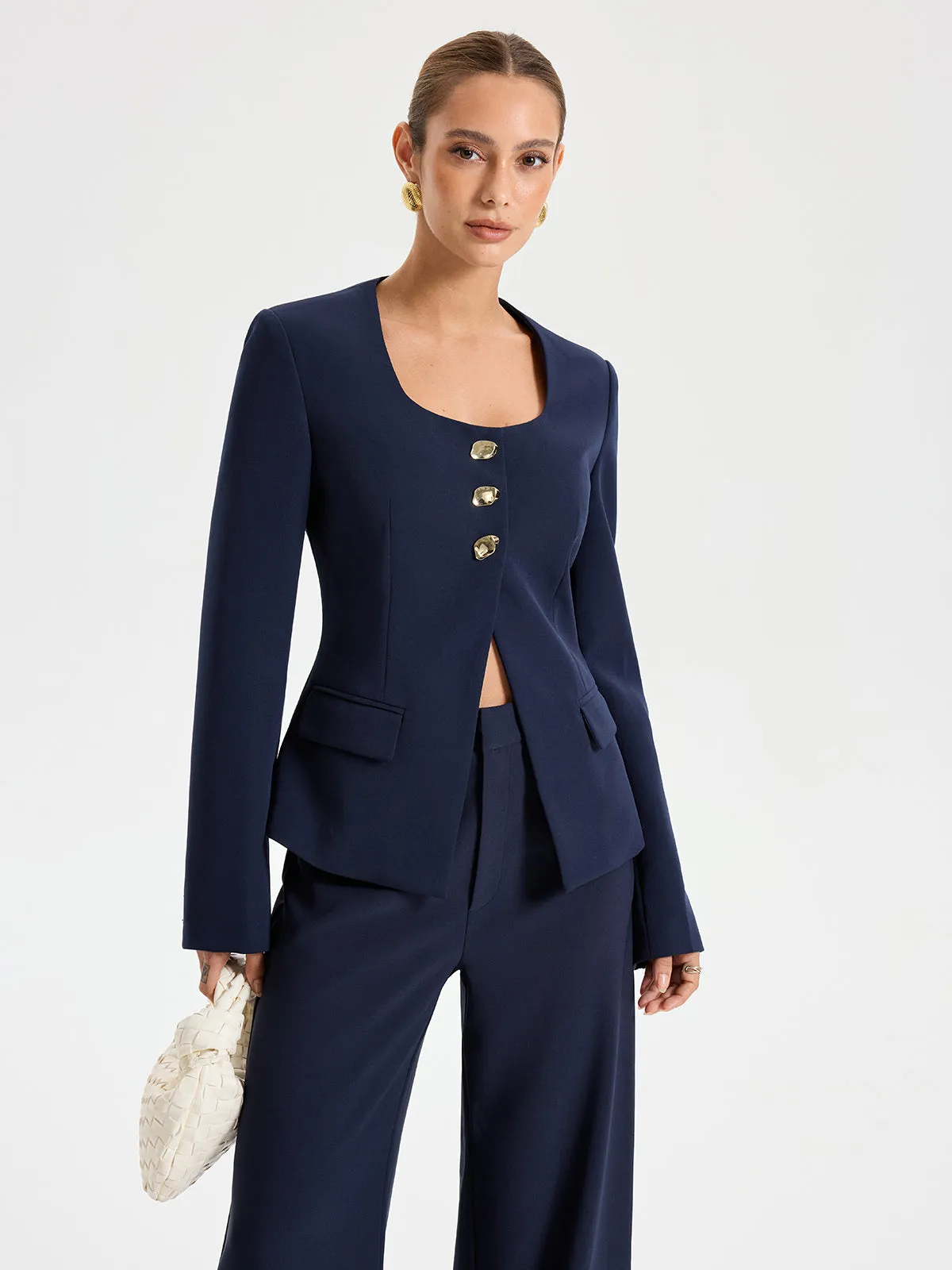 Metal Button Square Neck Blazer sold by COMMENSE