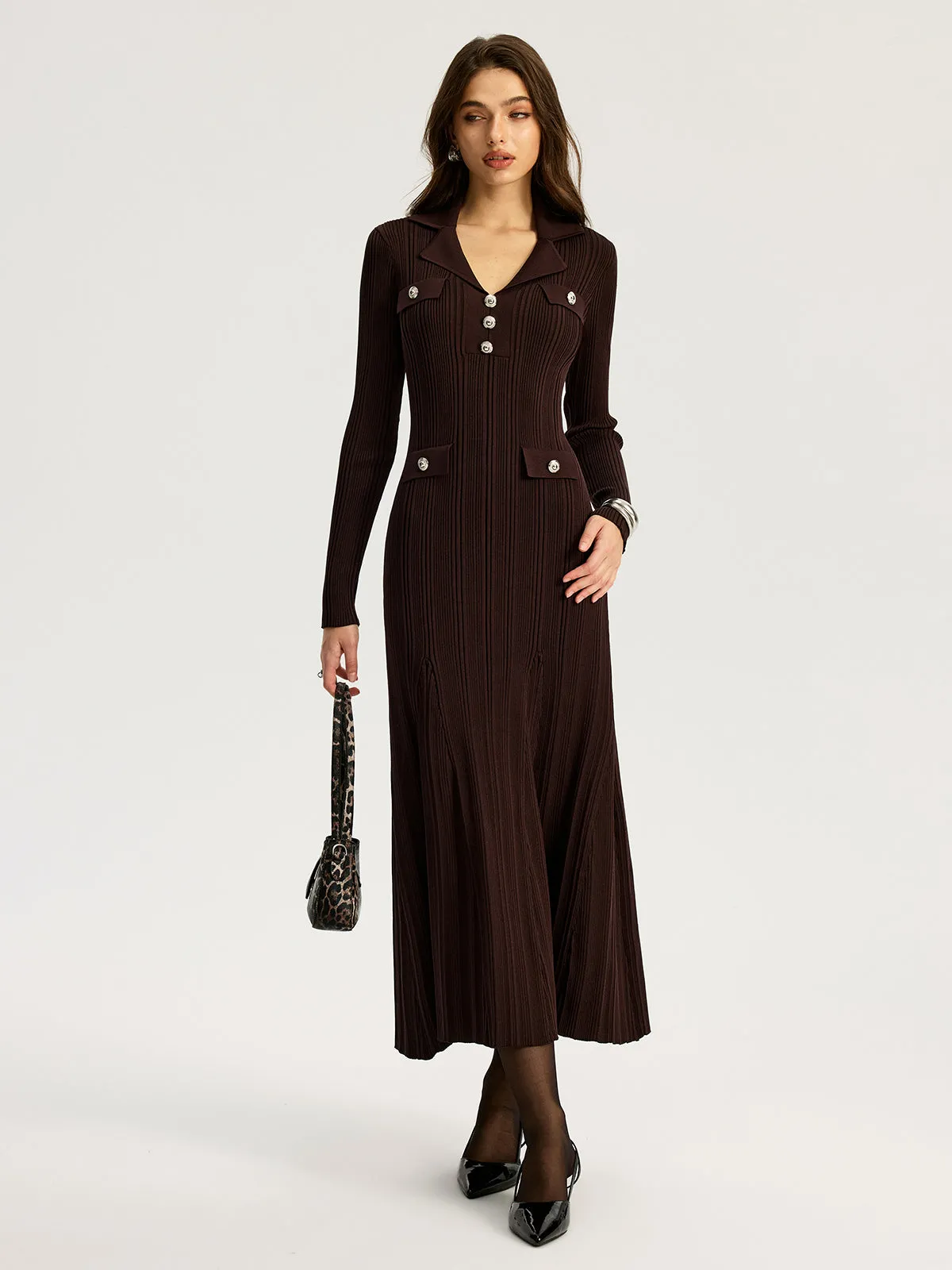 Lapel Metal Detail Knit Maxi Dress sold by COMMENSE product image thumbnail 4