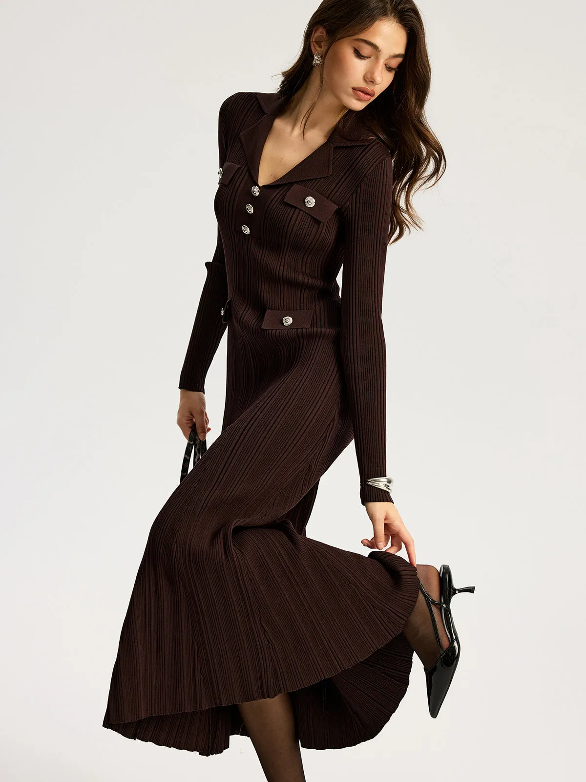 Lapel Metal Detail Knit Maxi Dress sold by COMMENSE