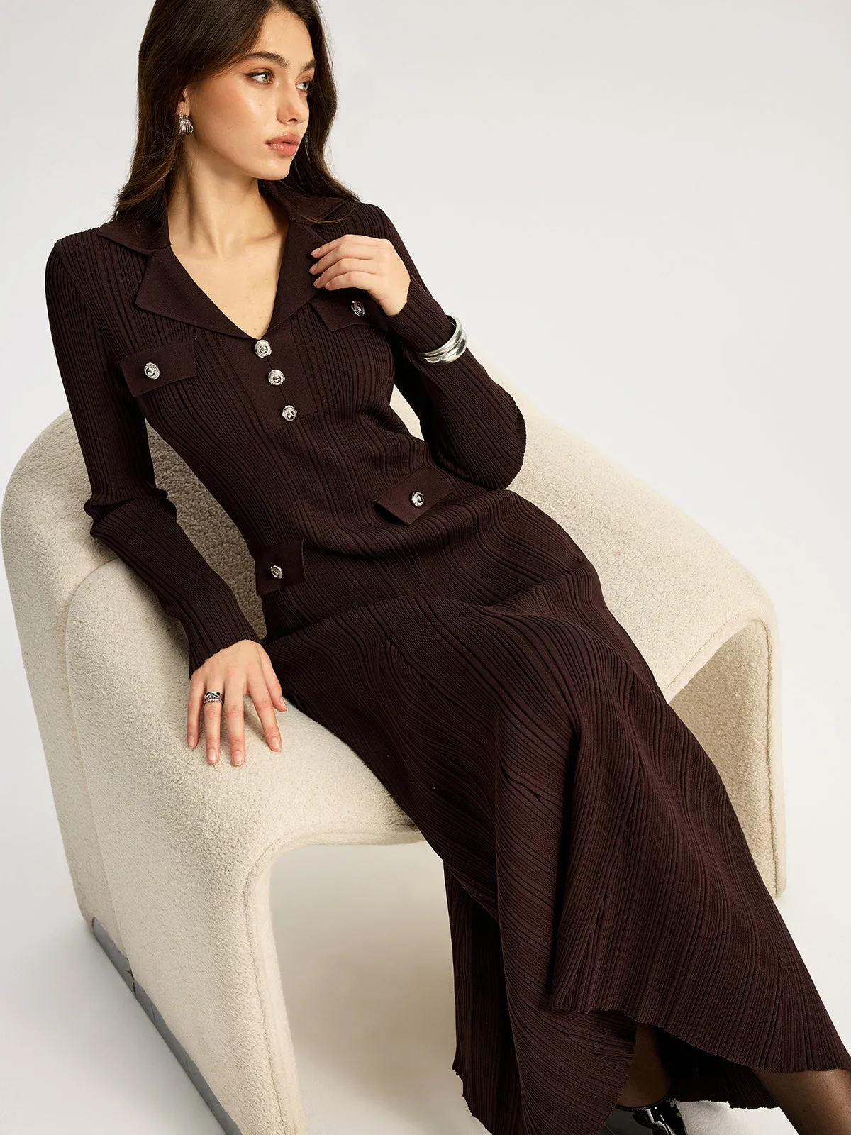 Lapel Metal Detail Knit Maxi Dress sold by COMMENSE product image thumbnail 5