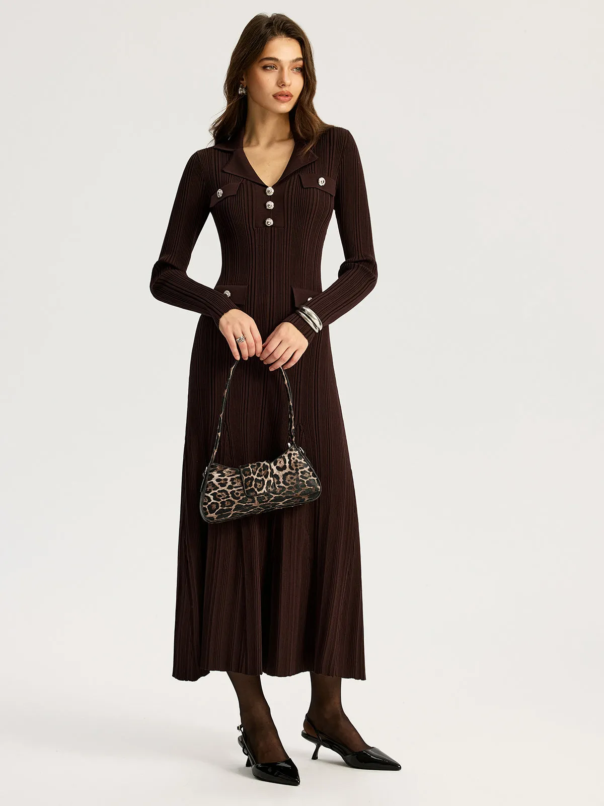 Lapel Metal Detail Knit Maxi Dress sold by COMMENSE product image thumbnail 2