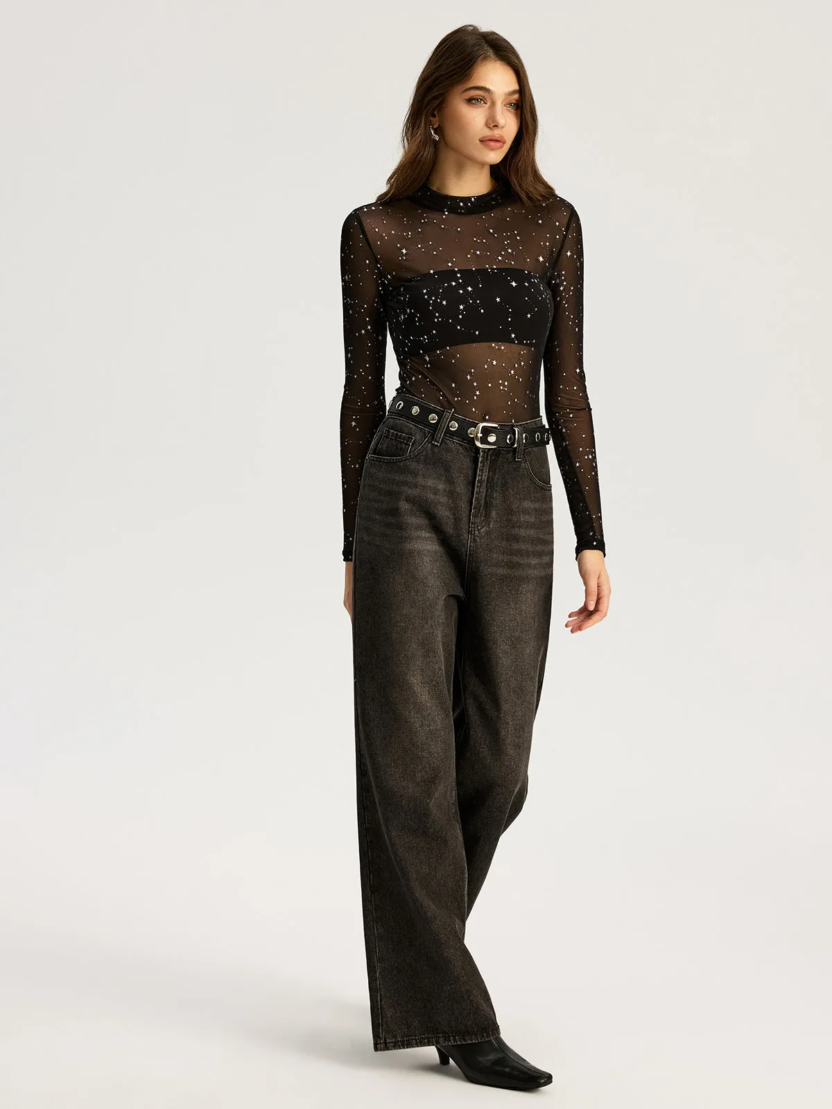 Glitter Star Sheer Mesh Long-Sleeve Bodysuit sold by COMMENSE product image thumbnail 4