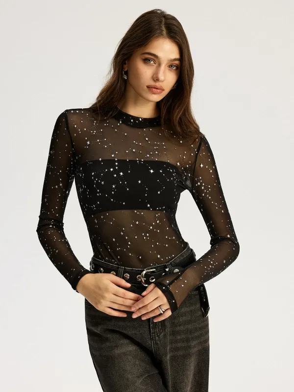 Glitter Star Sheer Mesh Long-Sleeve Bodysuit sold by COMMENSE