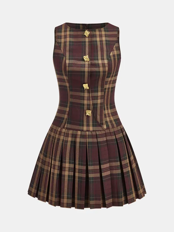 Metal Detail Plaid Sleeveless Pleated Mini Dress sold by COMMENSE