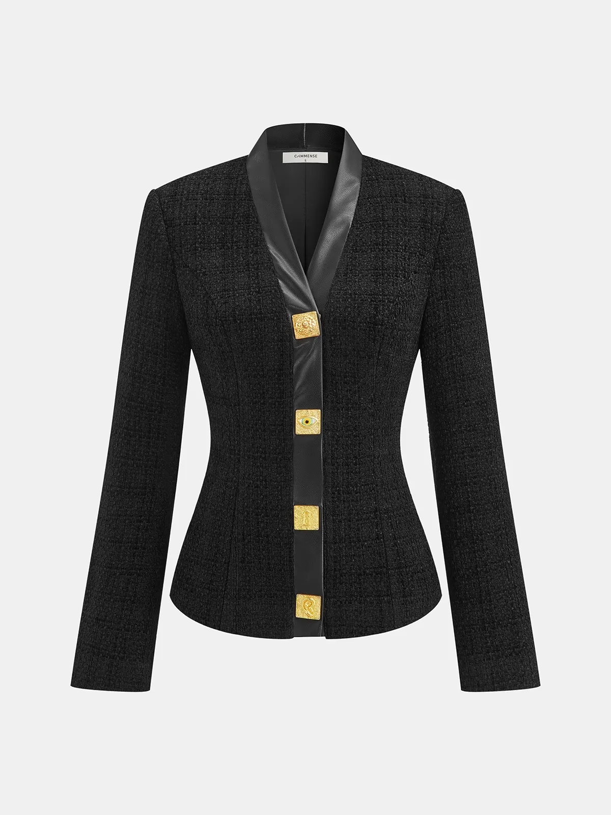 Faux Leather Trim Metal Button Tweed Blazer sold by COMMENSE