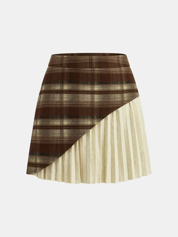 Plaid Asymmetric Pleated Mini Skirt sold by COMMENSE