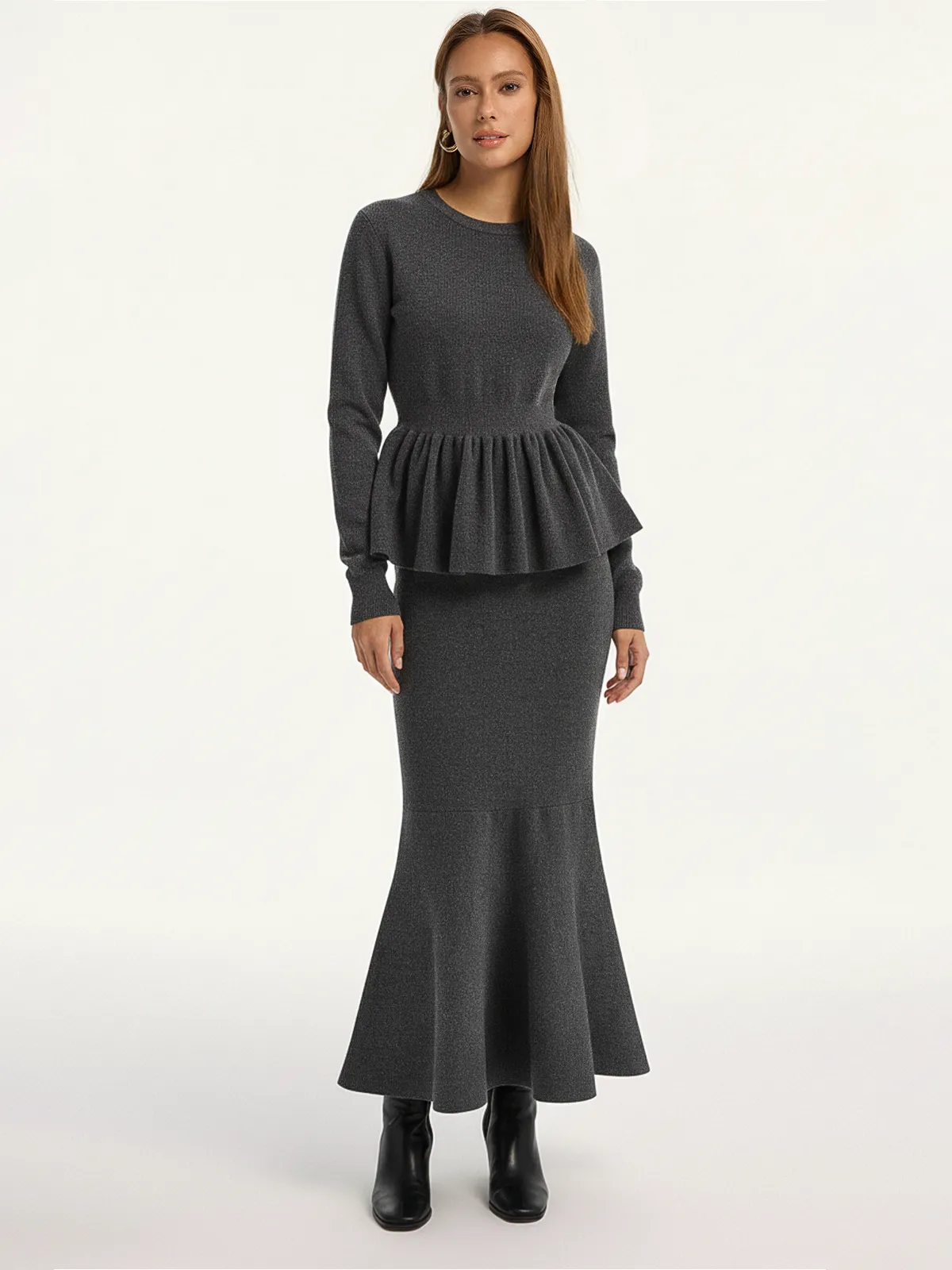 Long-Sleeve Peplum Hem Knit Top sold by COMMENSE